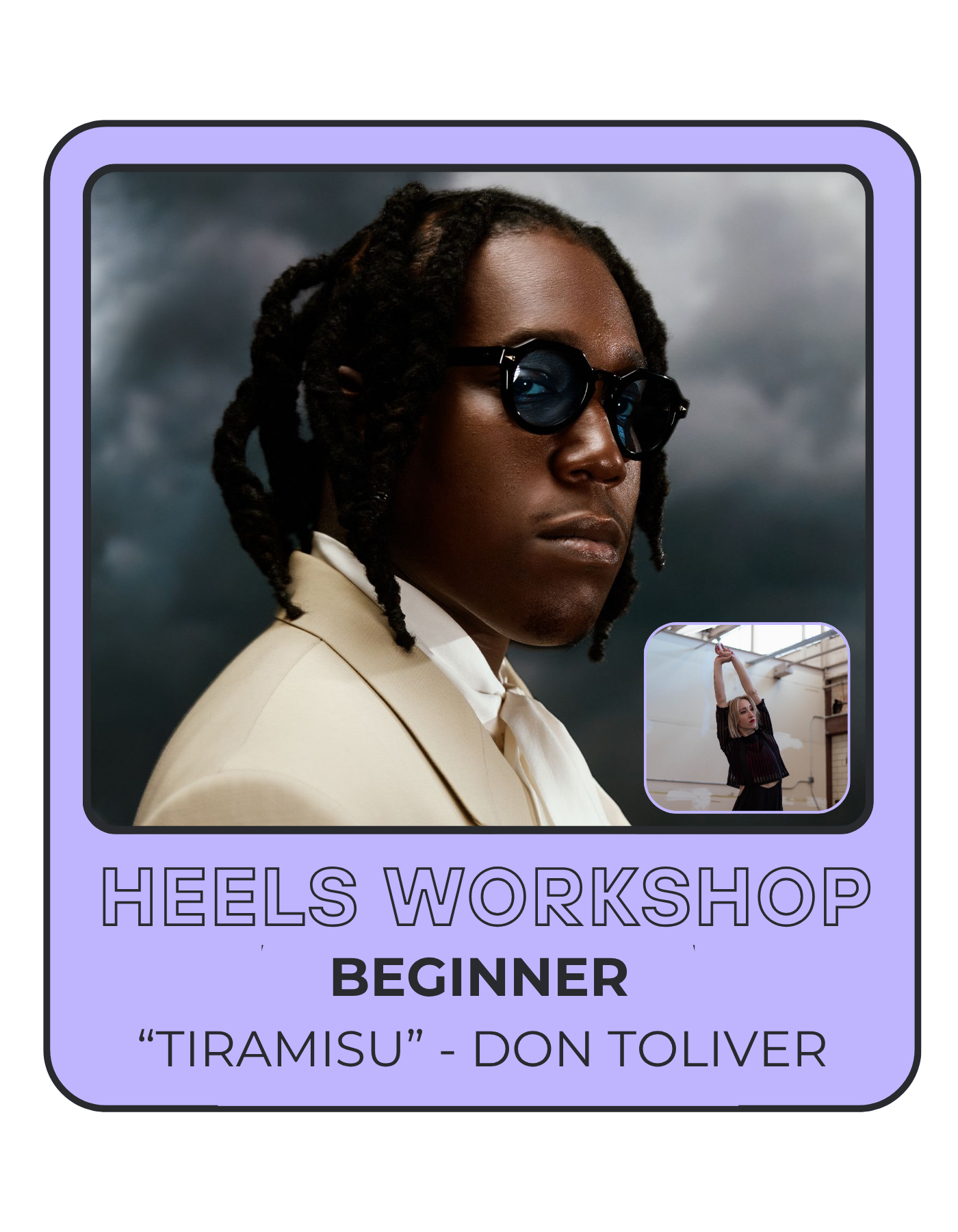 A promotional poster for a beginner heels workshop featuring a woman in glasses and a light blazer, with a larger portrait of her against a stormy sky background, and a smaller inset of another woman posing in a dance studio.