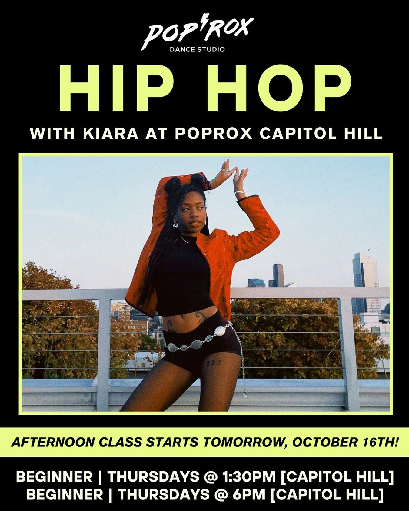 Join our girl Kiara every Thursday at our Capitol Hill studio for Beginner Hip Hop! 
β‘οΈ Thursdays, 1:30-2:30pm (starting tomorrow, 10/16!)
β‘οΈ Thursdays, 6-7pm
Whether you’re new to dance or new to hip hop, this class is perfect for you! Dance
