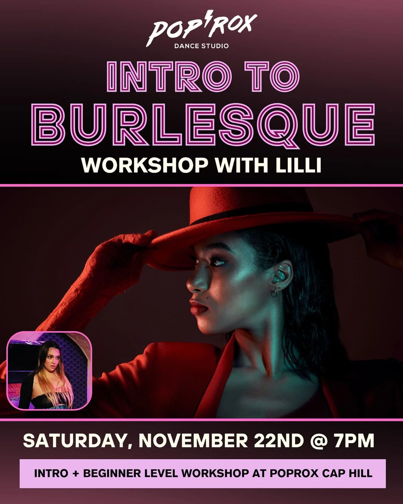 Join us for a special 2-hour Intro to Burlesque Workshop led by our instructor, Lilli. This beginner-friendly class will introduce the art of burlesque through sensual movement, musicality, and playful expression. You’ll learn the art of the te