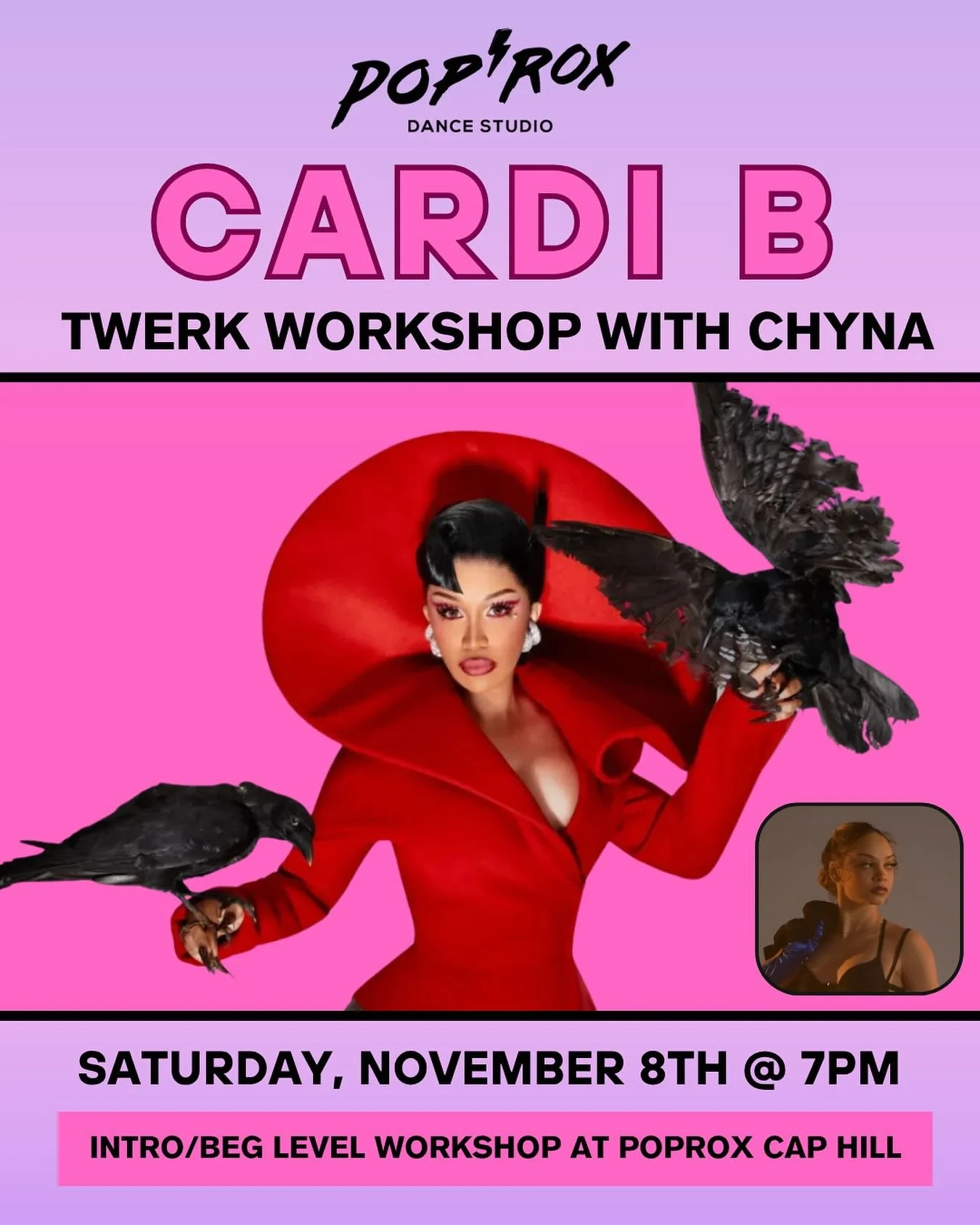 Ever wanted to try twerking but didn’t know where to start? This 90-minute Intro/Beginner Cardi B Themed workshop is the perfect, no-pressure way to get moving! 
With our incredible instructor, Chyna, you’ll learn and break down differen