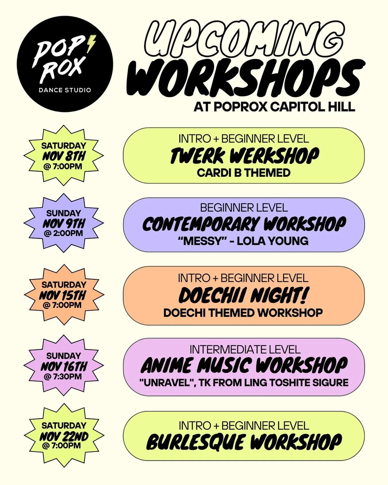 We&rsquo;ve got a handful of exciting workshops coming your way this month! 

Saturday, 11/8 @ 7pm: Intro/Beinner Cardi B Themed Twerk Werkshop &ndash; learn how to twerk with @chynamoneii to a full Cardi B themed playlist

Sunday, 11/9 @ 2pm: Beginn