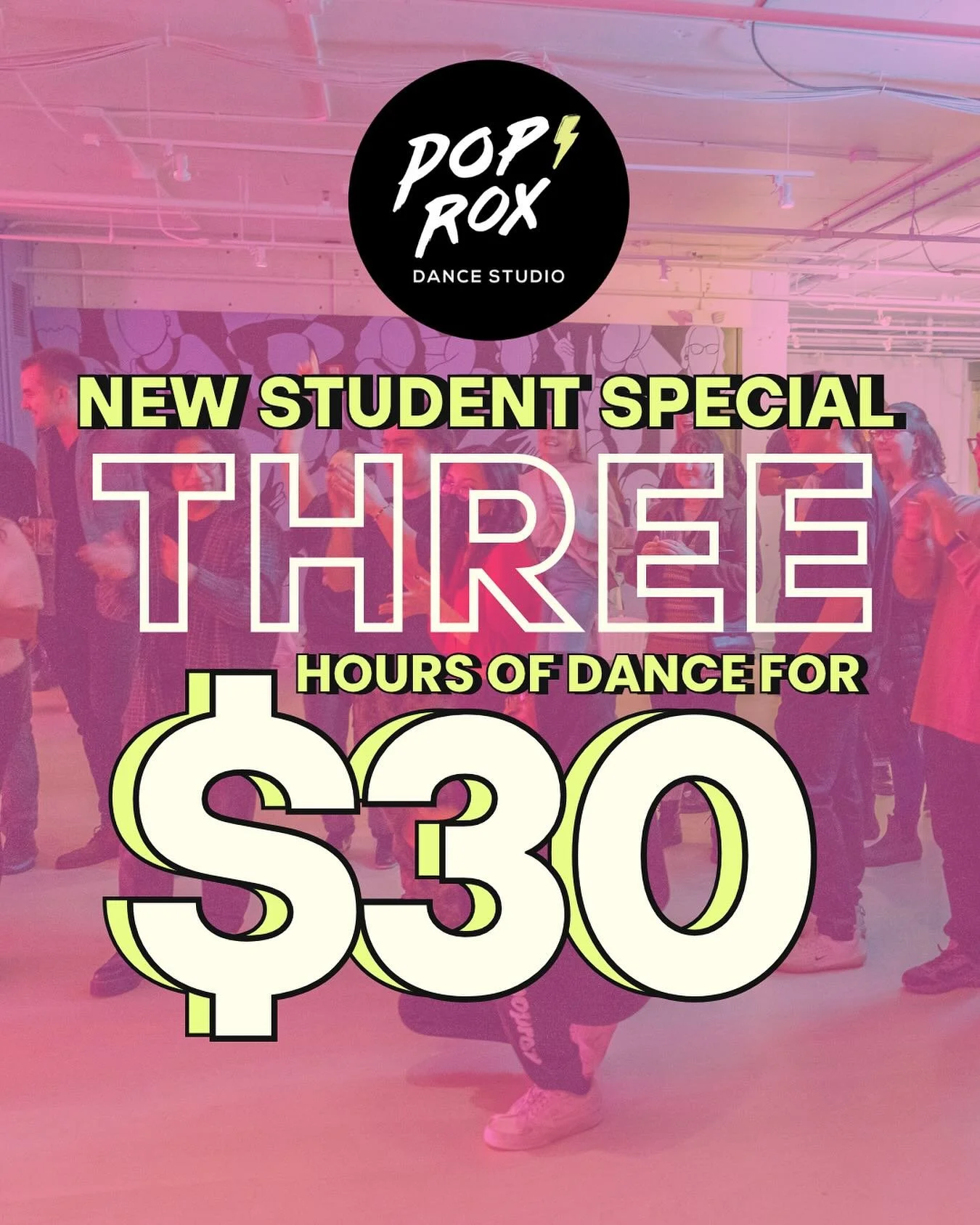 Did you know that if you&rsquo;ve never taken a class with us, your first three hours of classes are only $30 (yes, $30 total!)

We know that starting something new can be intimidating - but we promise it won&rsquo;t be at PopRox! We want to make it 