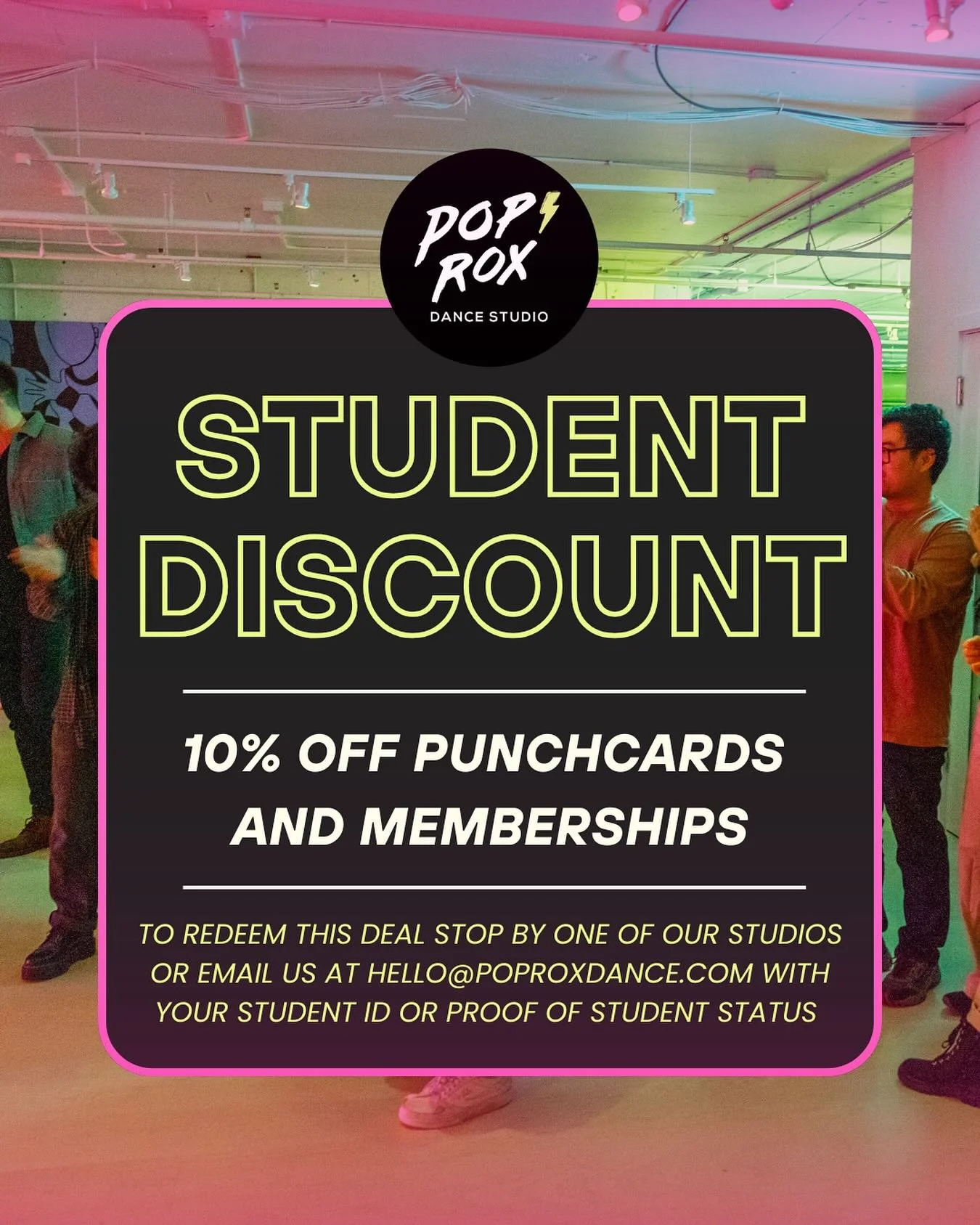 Oh heyyy, students! Did you know that we offer a student discount? 

If you&rsquo;re a student currently enrolled, we&rsquo;re happy to offer 10% OFF our punchcards and memberships. 

To redeem this deal stop by one of our studios or email us at hell
