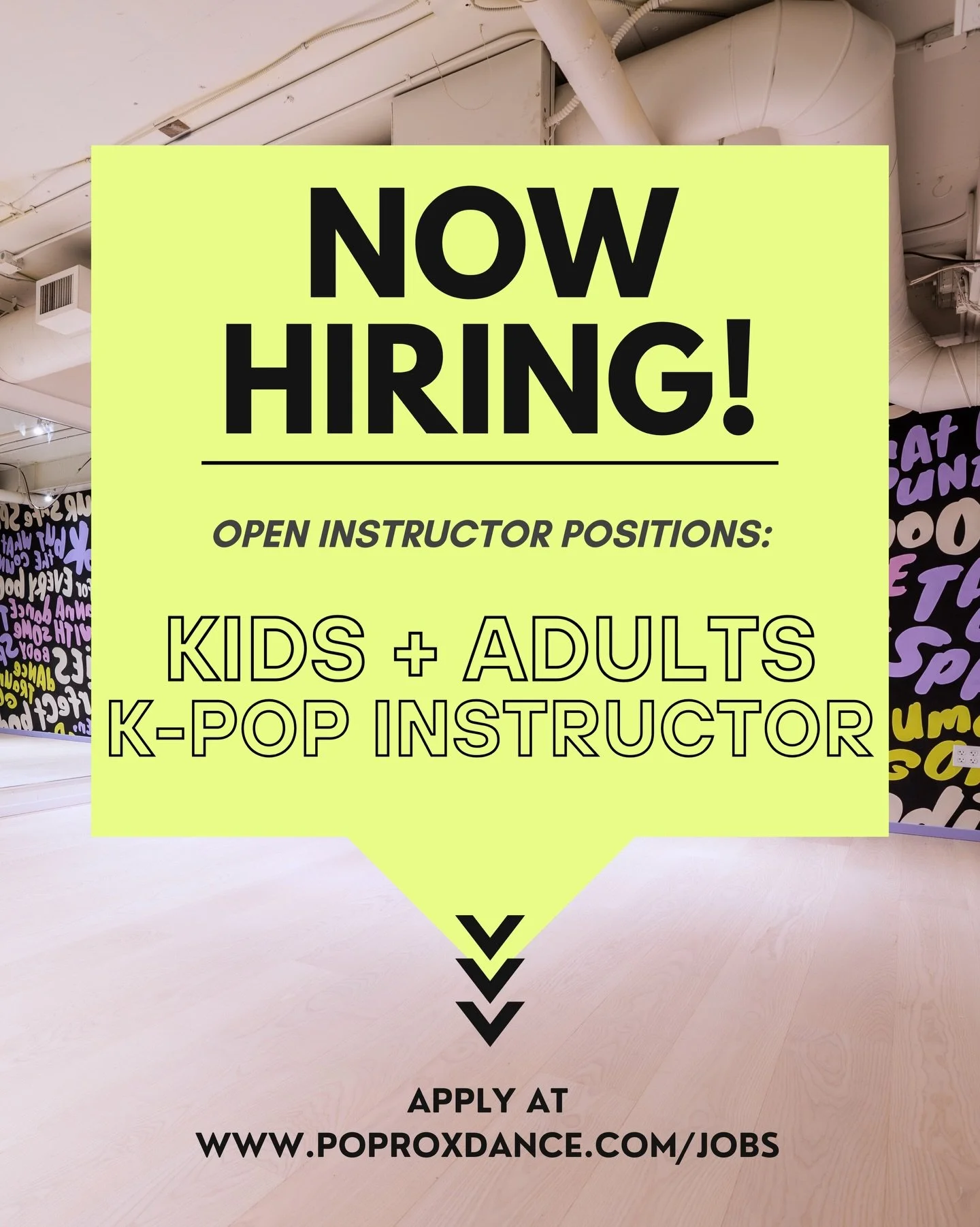 We are growing our team!! We are now hiring for one open position with our team: KIDS + ADULTS K-POP INSTRUCTOR. 

We are looking for instructors who are focused on the student-experience and committed to creating a welcoming and judgement-free envir