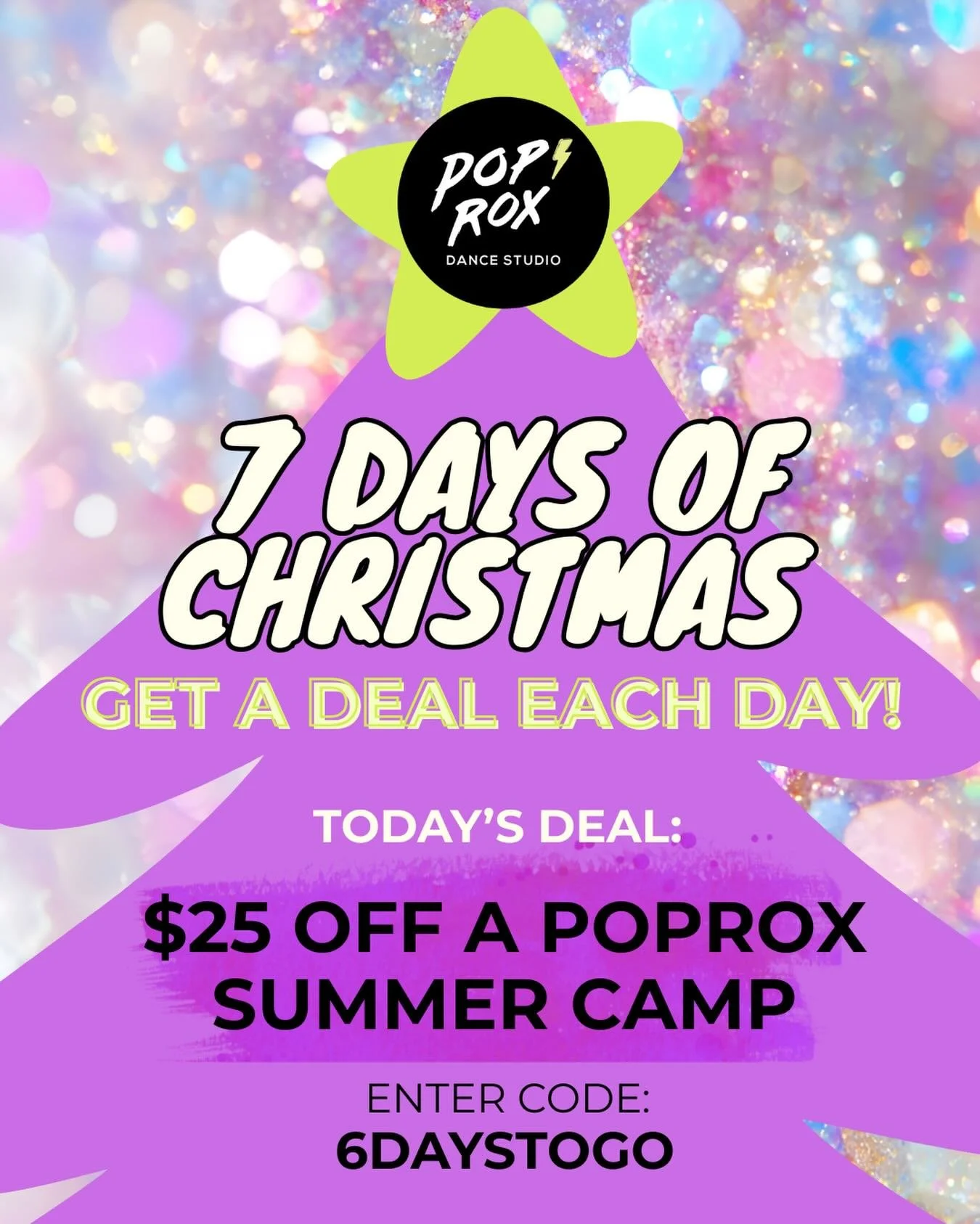 &lsquo;Tis the season to dance! 

For the next 24 hours, get $25 off a summer camp registration when you enter the code &ldquo;6DAYSTOGO&rdquo; at checkout. 

From now through Christmas we&rsquo;ll be offering daily deals on punchcards, kids classes 