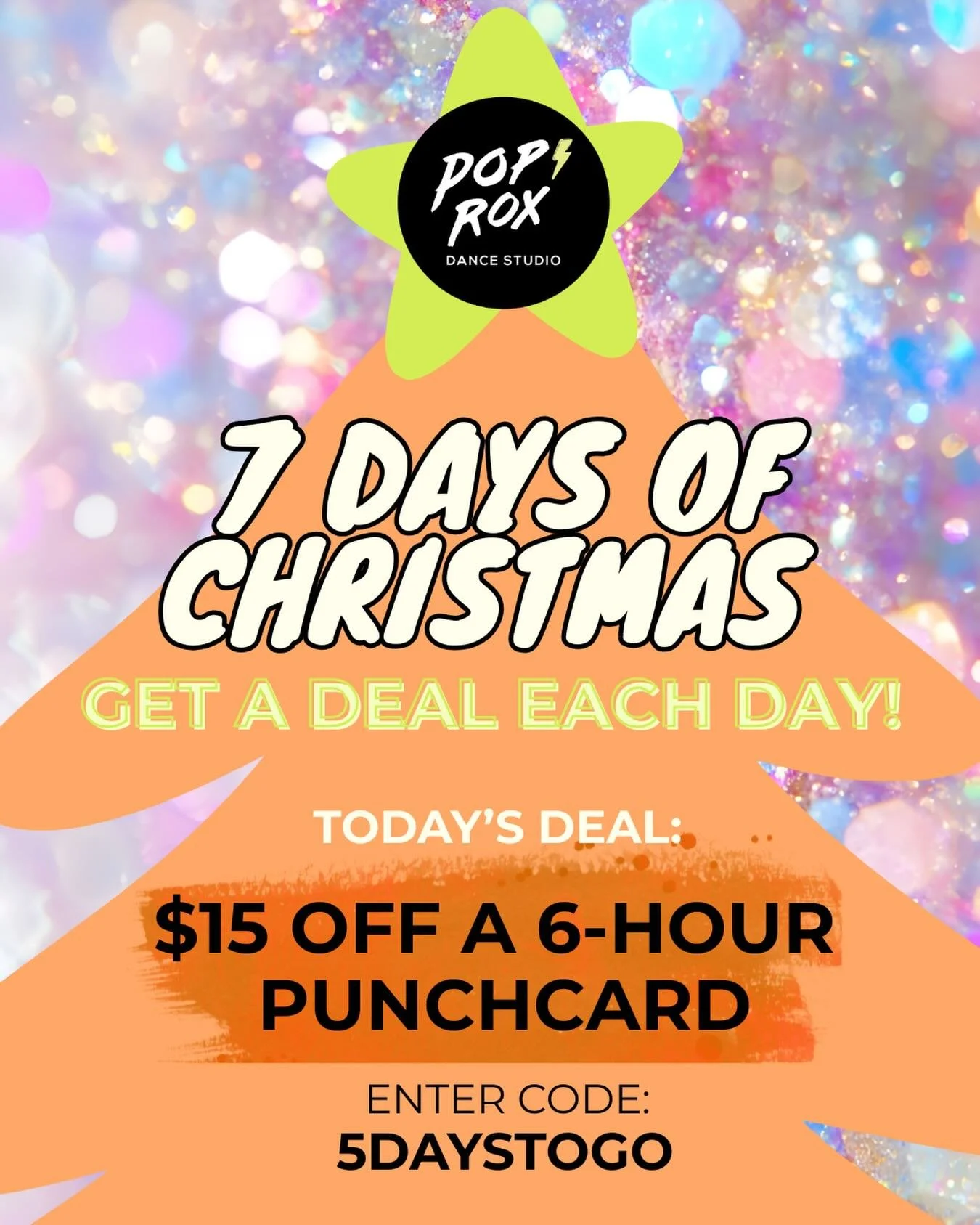 Tis the season to dance! 

For the next 24 hours, get $15 off a 6-hour punchcard when you enter the code &ldquo;5DAYSTOGO&rdquo; at checkout. 

From now through Christmas we&rsquo;ll be offering daily deals on punchcards, kids classes and more! Check