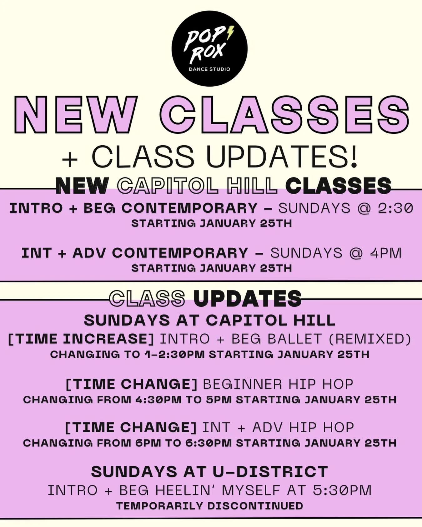 HAPPY 🐪 DAY DANCERS! Check out the NEW classes and class updates starting this month at PopRox! 

NEW CLASSES AT CAPITOL HILL

⚡️Intro + Beginner Contemporary with @6degreesoflillianlove - SUNDAYS, 2:30-4PM @ CAP HILL [STARTING JANUARY 25TH]

⚡️ Int