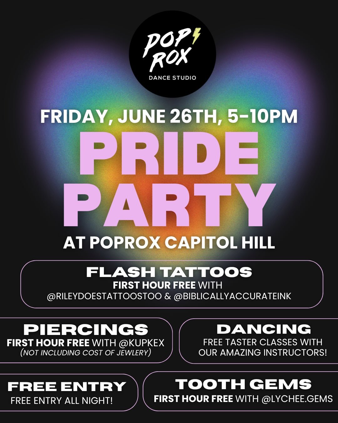 THIS FRIDAY!! We can&rsquo;t wait to kick off Pride Weekend with all y&rsquo;all cuties! 

FRIDAY, JUNE 26TH
5-10PM
POPROX CAPITOL HILL

FREE ENTRY, FREE DRINKS, FREE DANCE CLASSES, AND FIRST HOUR FREE SERVICES WITH ALL THE AMAZING ARTISTS WE&rsquo;R