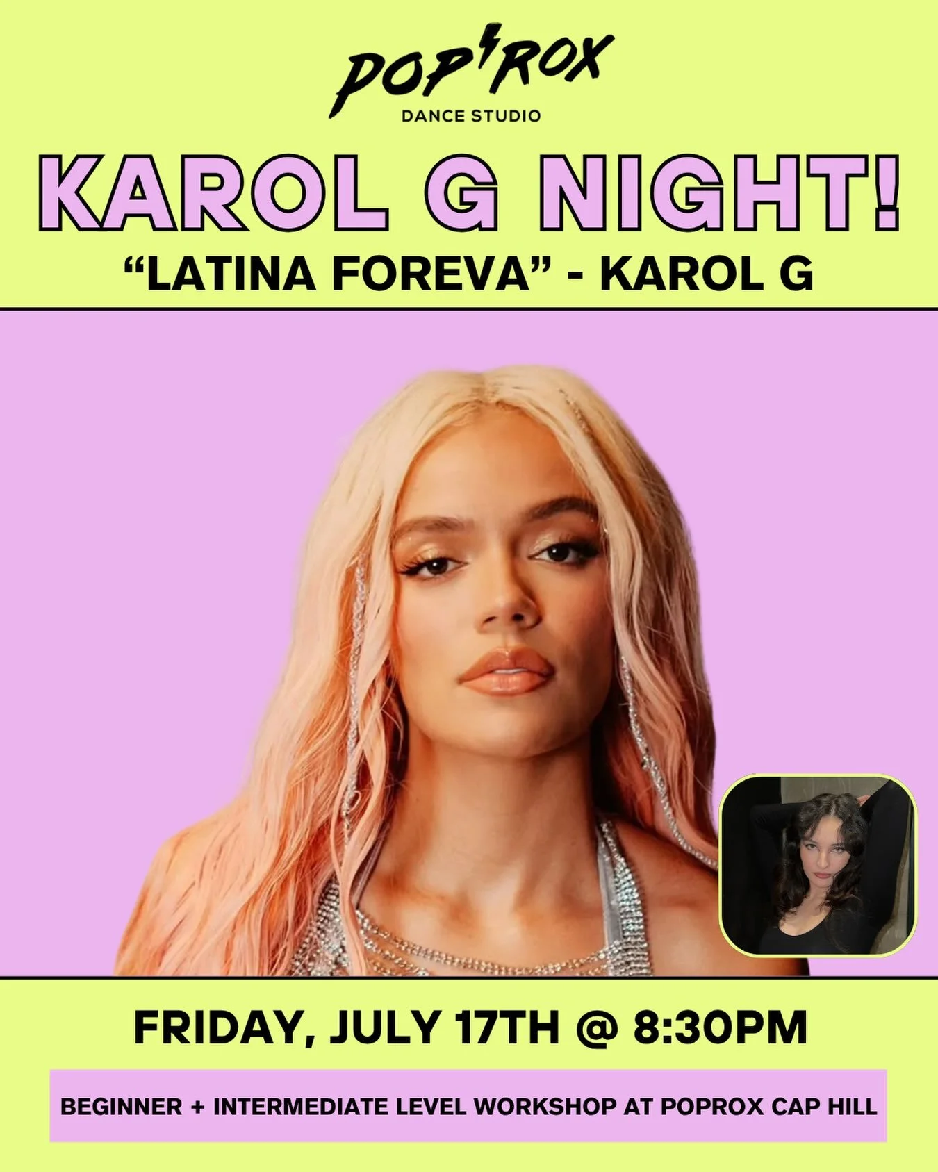 Join us for a special Karol G Dance Night as we celebrate our incredible instructor, Tamber, in her final class at PopRox! Known for her infectious energy, supportive teaching style, and ability to make every dancer feel confident on the floor, Tambe