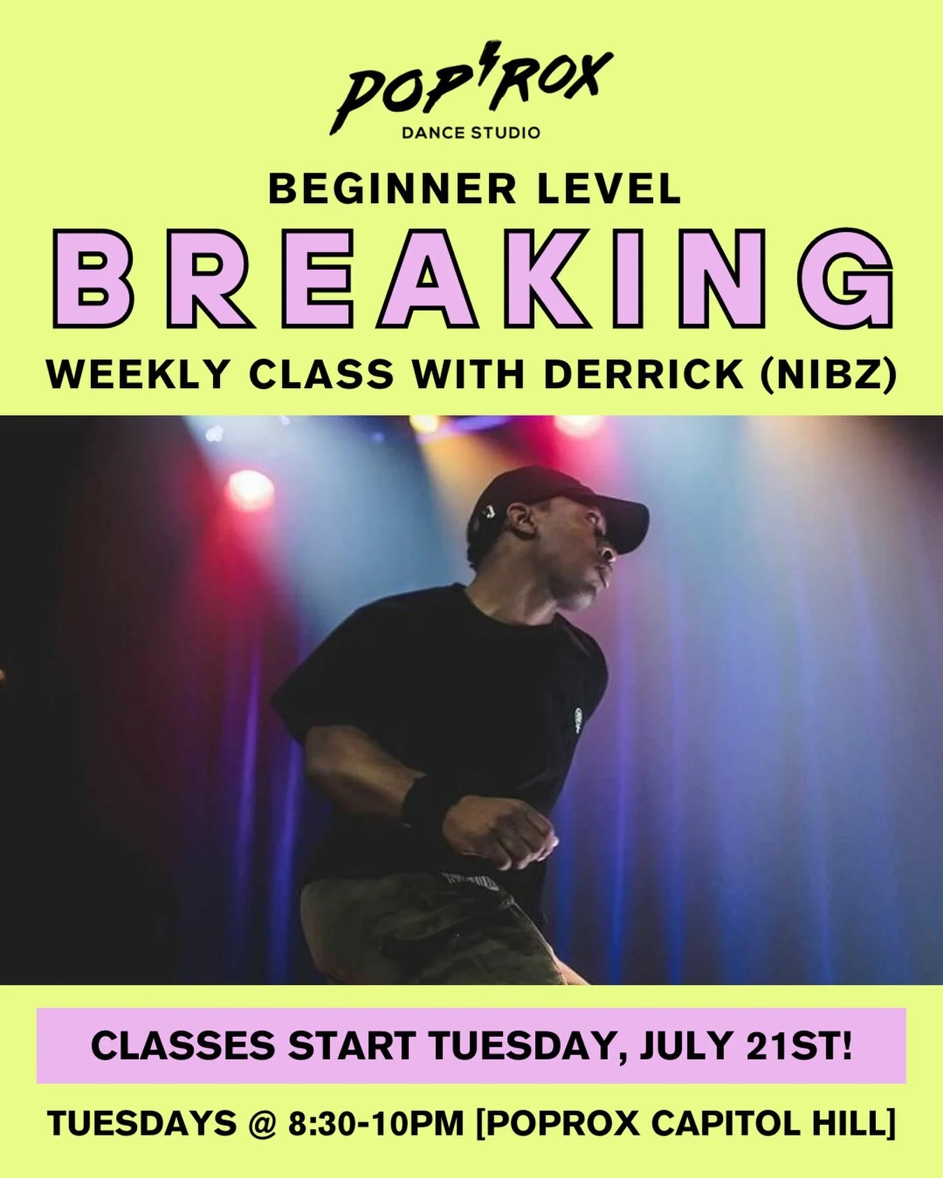 NEW CLASS ALERT! We are THRILLED to be adding a weekly Breaking class at Capitol Hill on Tuesdays @ 8:30pm! 

Looking to get into breaking? Join our resident B-boy Derrick (also known as Nibz) every week as he guides dancers through the core foundati