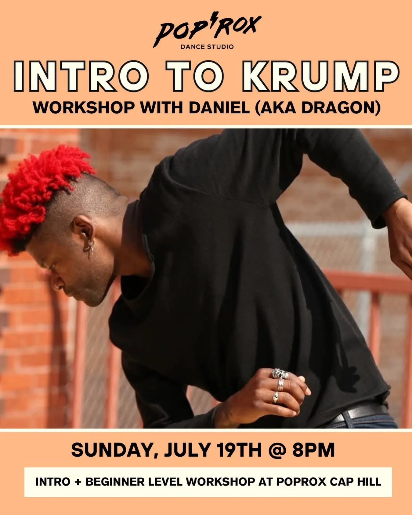 Experience the power and intensity of Krump in this high-energy introductory/beginner workshop. Our instructor, Daniel (Dragon), will break down the foundations of this expressive street style while creating a space that is open to everyone&mdash;no 