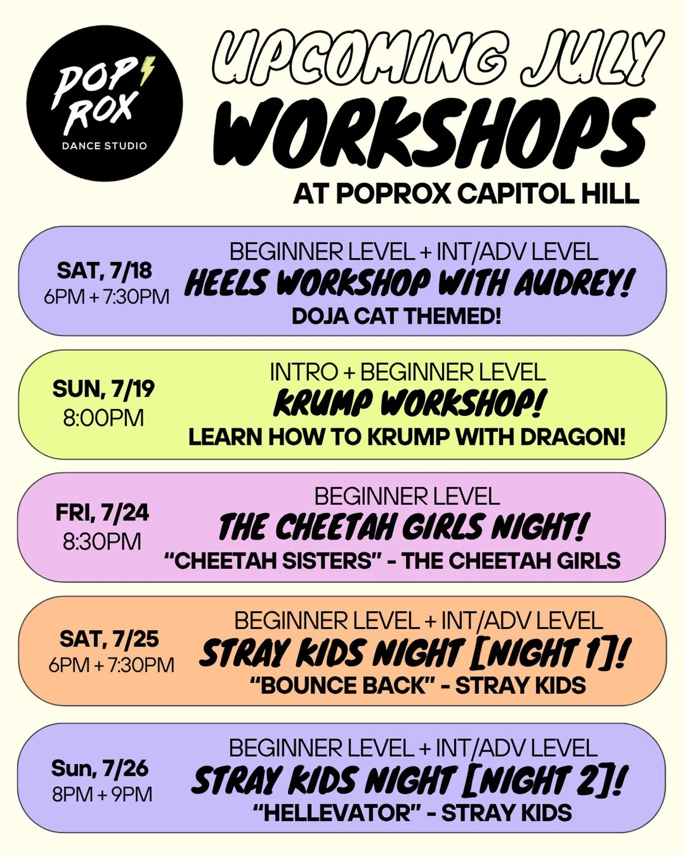 Heyyyy dancers! Check out our upcoming workshops at Capitol Hill this month! 

⚡️Saturday, 7/18 @ 6pm: Beginner level Heels workshop with @audreyeg ! Learn a beginner level heels choreo to &ldquo;Candy&rdquo; by Doja Cat

⚡️Saturday, 7/18 @ 7:30pm: I