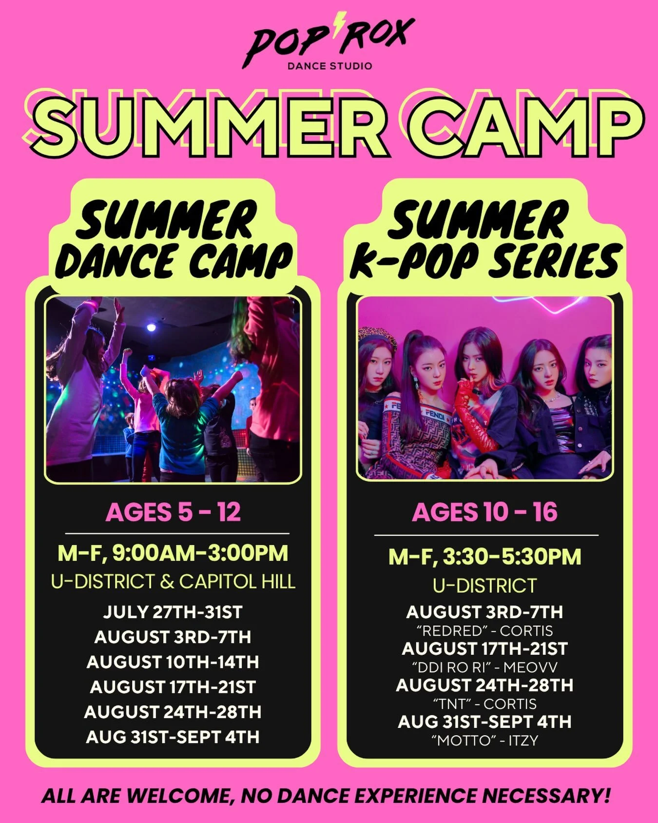LAST CHANCE TO REGISTER YOUR DANCER FOR ONE OF OUR DANCE CAMPS THIS SUMMER! 

We still have a few spots left in both our all-day Summer Dance Camps for ages 5-12 and our afternoon K-Pop Summer Series for ages 10-16!

All are welcome&ndash; no dance e