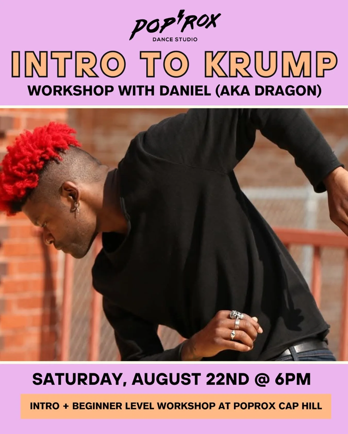 Experience the power and intensity of Krump in this high-energy introductory/beginner workshop. Our instructor, Daniel (Dragon), will break down the foundations of this expressive street style while creating a space that is open to everyone&mdash;no 