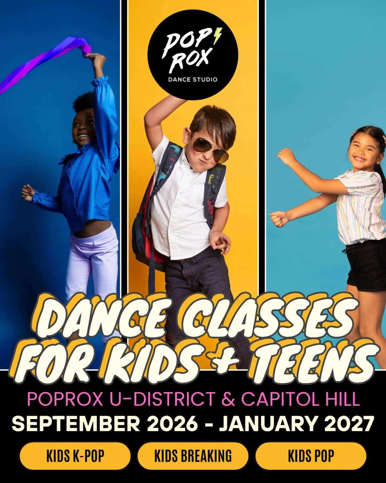 Heyyy PopRox families! Our Fall 2026/Winter 2027 youth classes are OPEN FOR ENROLLMENT!

Classes start September 22nd and run through January 24th

This year we&rsquo;re excited to offer K-Pop for ages 7-16, Breaking for ages 7-12, and Kid&rsquo;s Po