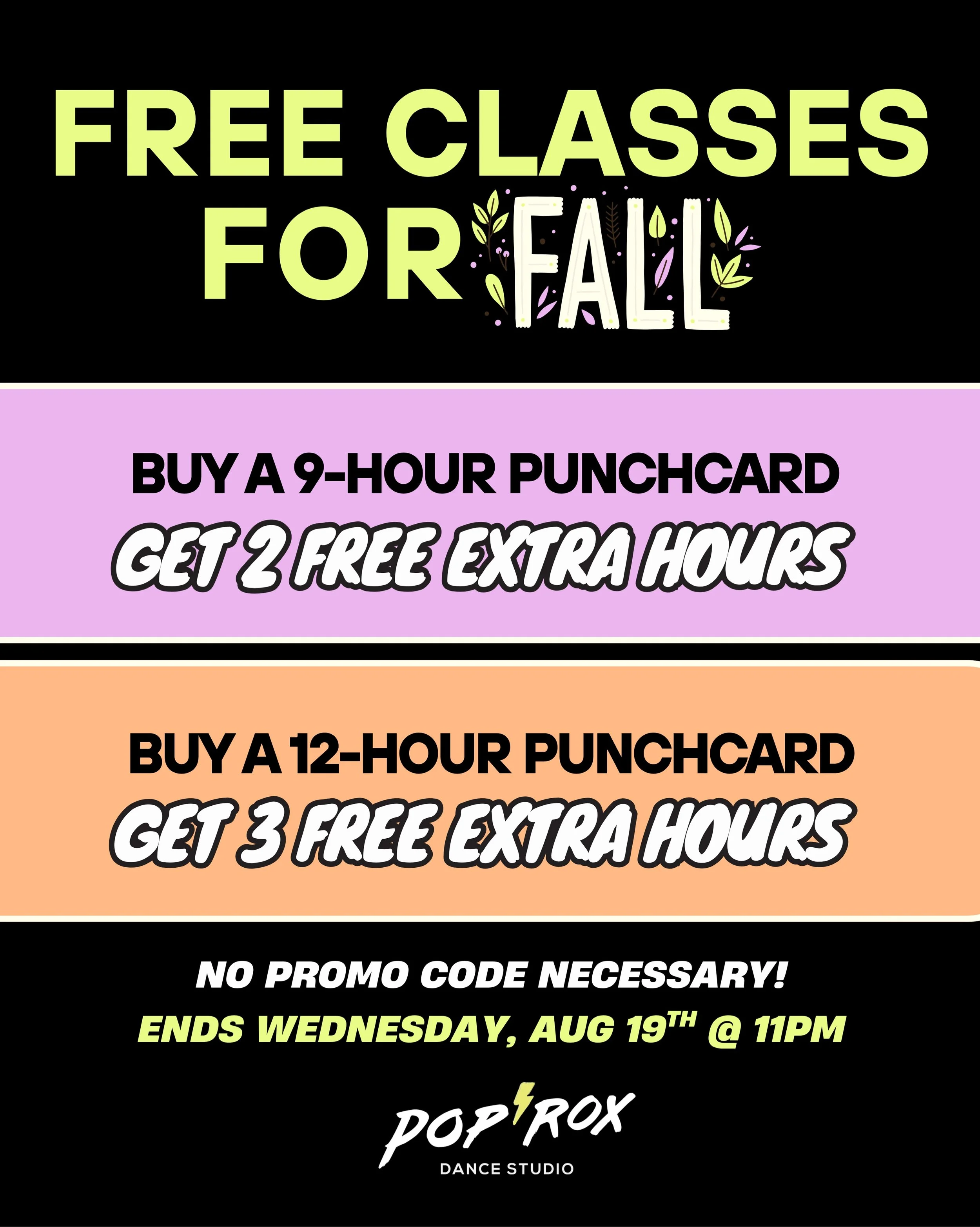 Hi you beautiful dancers!! Fall is justttt around the corner &mdash; so it&rsquo;s time to stock up on those classes! 🍂🍁

For TWO DAYS ONLY we are offering free credits with a 12 or 9 Hour Punchcard purchase! ⚡️

Buy a 9 Hour Punchcard and get 2 Fr
