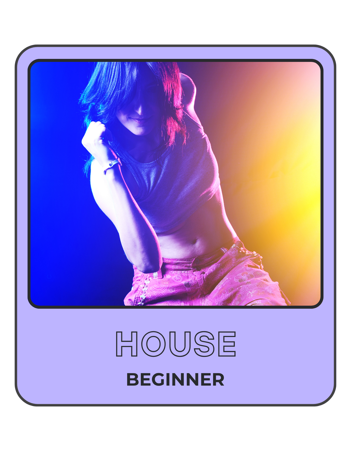 A man performing breakdancing for a crowd of diverse spectators outdoors on a cloudy day, with the label 'House Beginner' at the bottom.