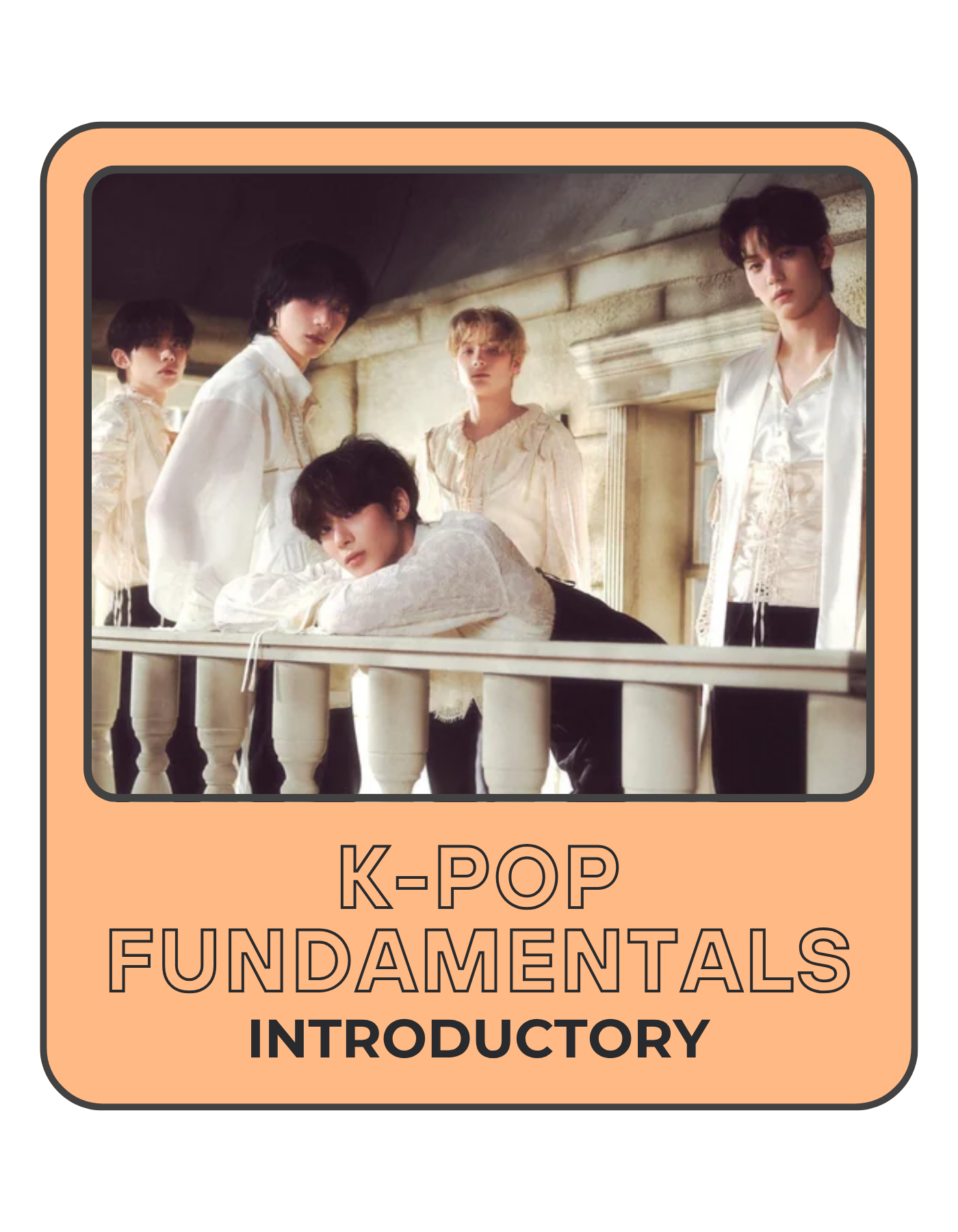 Book cover titled 'K-pop Fundamentals Introductory' with a photo of five young men in vintage-style clothing on a balcony.