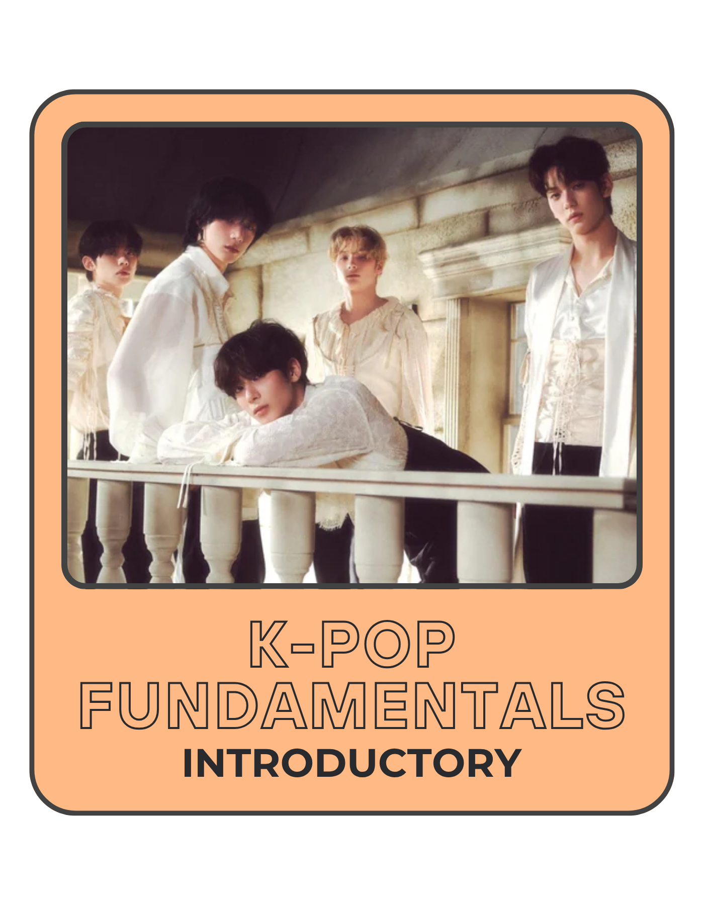 Book cover for a K-pop fundamentals introductory guide featuring five young men in vintage-style clothing standing on a balcony with a rustic wall background.