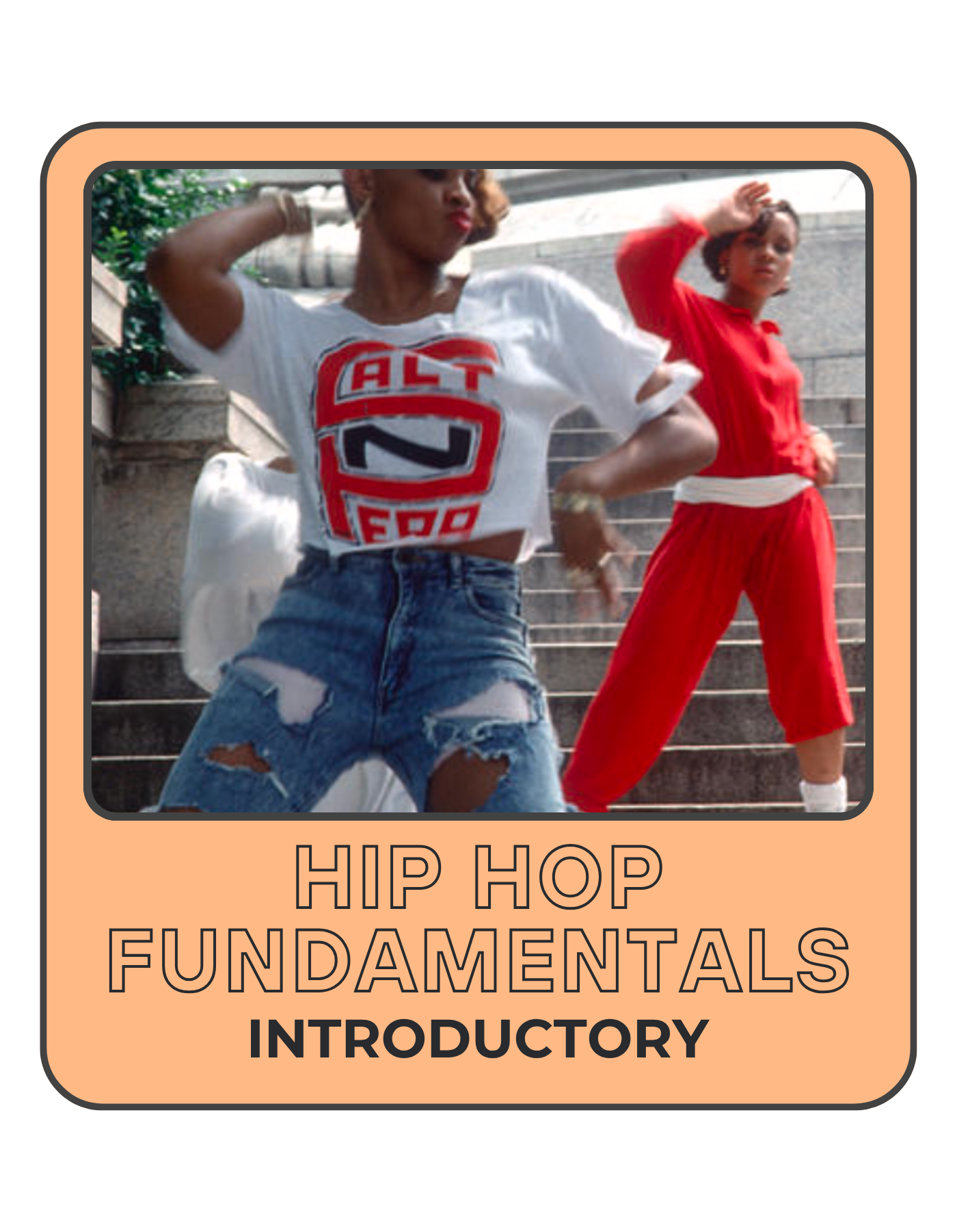 Cover of a book titled "Hip Hop Fundamentals Introductory" with a photo of two women in stylish clothing striking dance poses on outdoor steps.