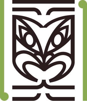 Black background with white, Ngā Pou a Tāne logo, with green accents, in Māori art design in the center.