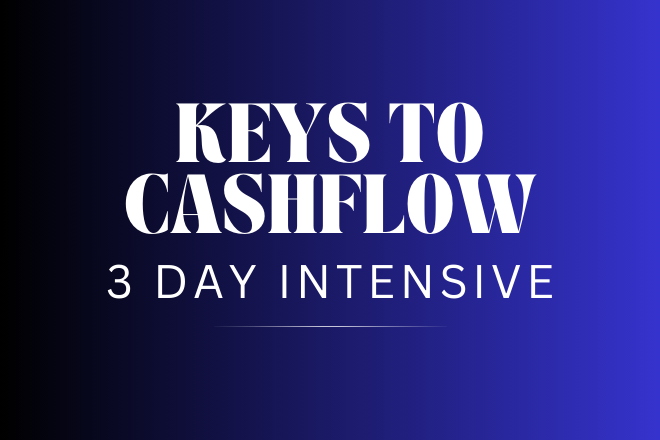 "Keys to Cashflow 3 Day Intensive" text on blue gradient background