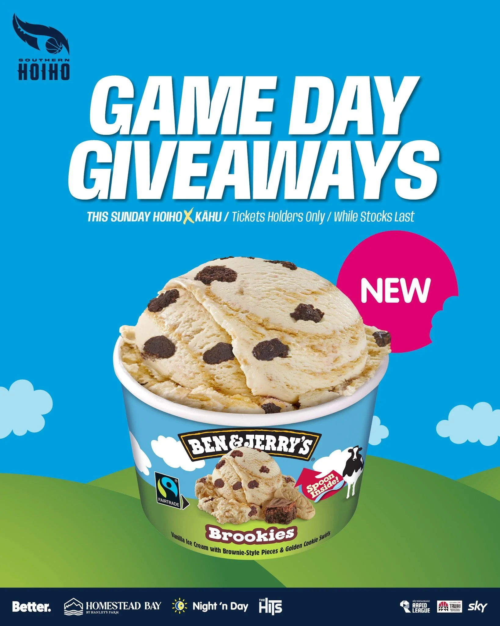 Game day just got sweeter! Grab some free Ben &amp; Jerry&rsquo;s ice cream, including the new Brookies flavour, this Sunday &ndash; ticket holders only, while stocks last! 💙

🎟️ Link to tickets in bio

@bettercreativenz @nightndaynz