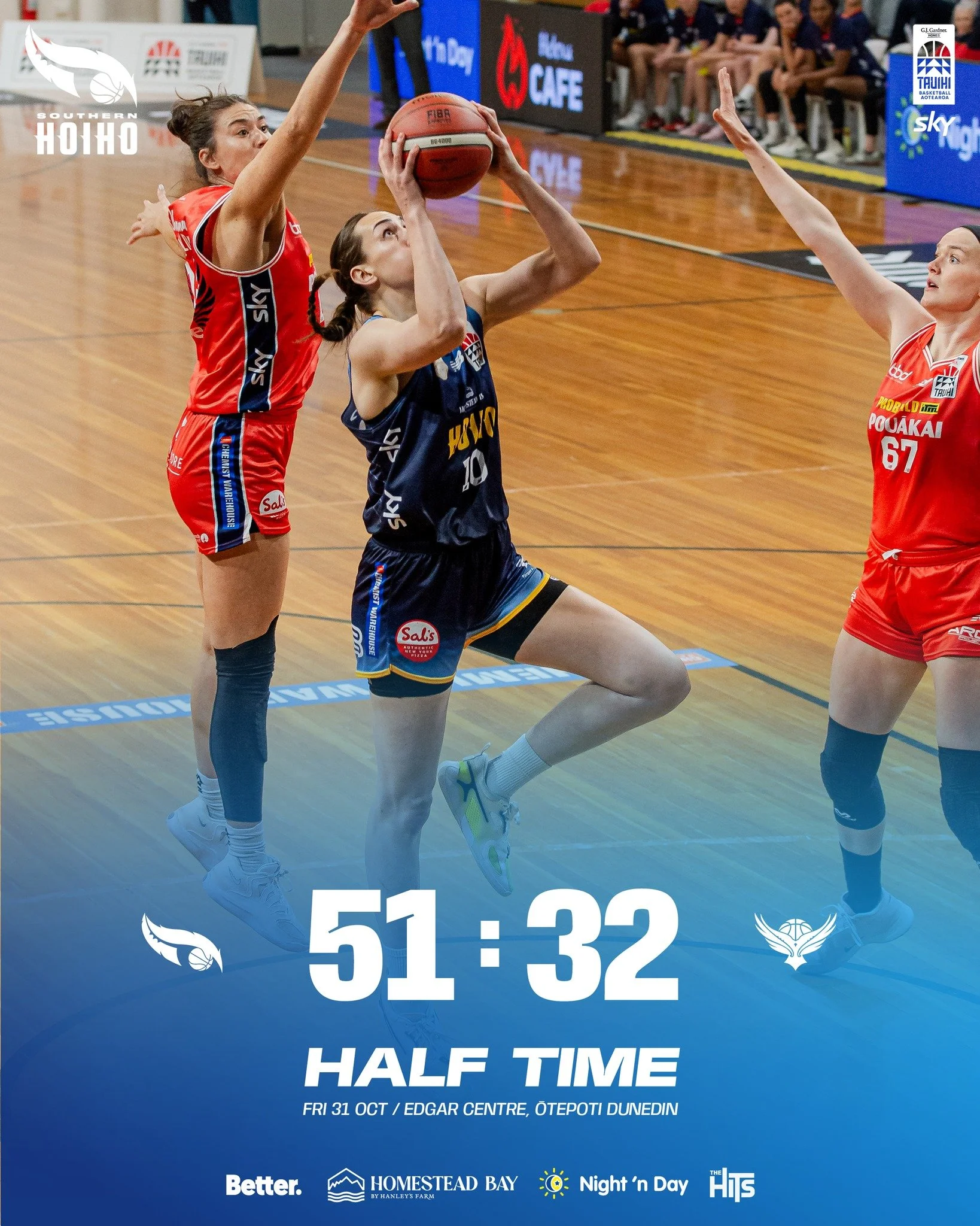 🔥 Halftime in Ōtepoti!
Hoiho in control &mdash; leading 51&ndash;32 over the Pouākai 💙💛
Strong first half, let&rsquo;s finish it off!

🌌 Edwards - 10 PTS | 2 REB | 2 AST
🌌 Pizzey - 9 PTS | 3 REB | 1 AST | 2 STL
🌌 Simmons - 8 PTS | 2 REB | 2 AST