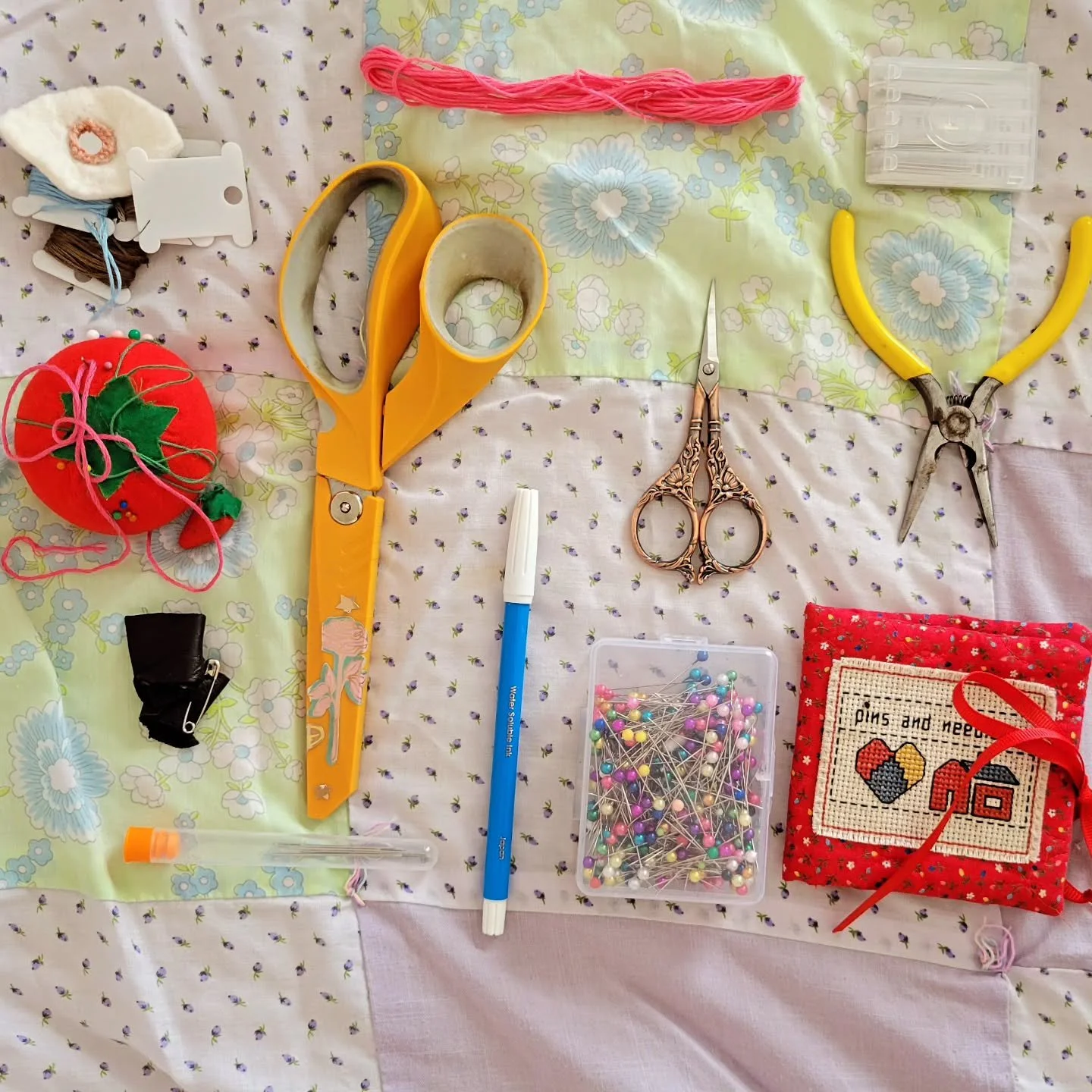 For a long time, I carried these items with me everywhere in a sewing pouch, which I made with scraps I had from salvaging other sewn objects. For some reason I thought there was going to be a fiber Emergency where I needed to have my pliers and need