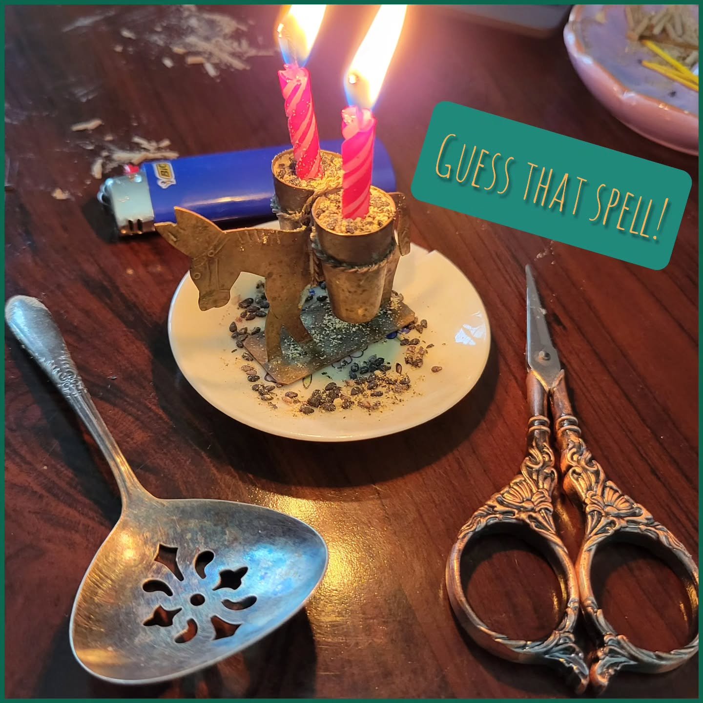 Guess that Spell! Performed on Labor Day, this spell used this cute metal mule, red candles, sesame seeds, ginger, and clove. Next time I'll add honey too. Tell me your guesses in the comments, and I'll tell you how close you are!

#guessthatspell #w