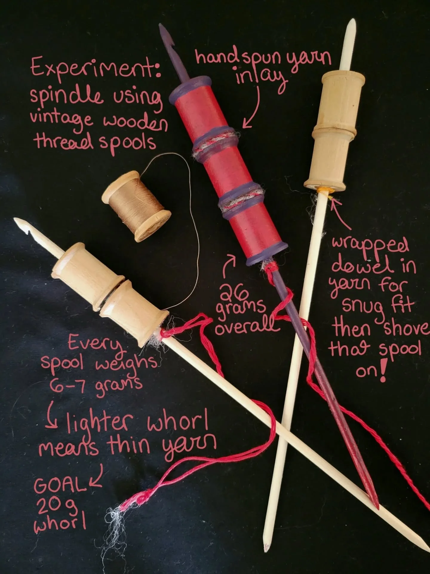 I made my own DIY spindle using vintage wooden spools for thread. Old natural fibers dont hold up to time so I took these spools and turned them into something new! Here are some of the test pieces! Hand carved, no glue needed.

With a 20g whorl (the