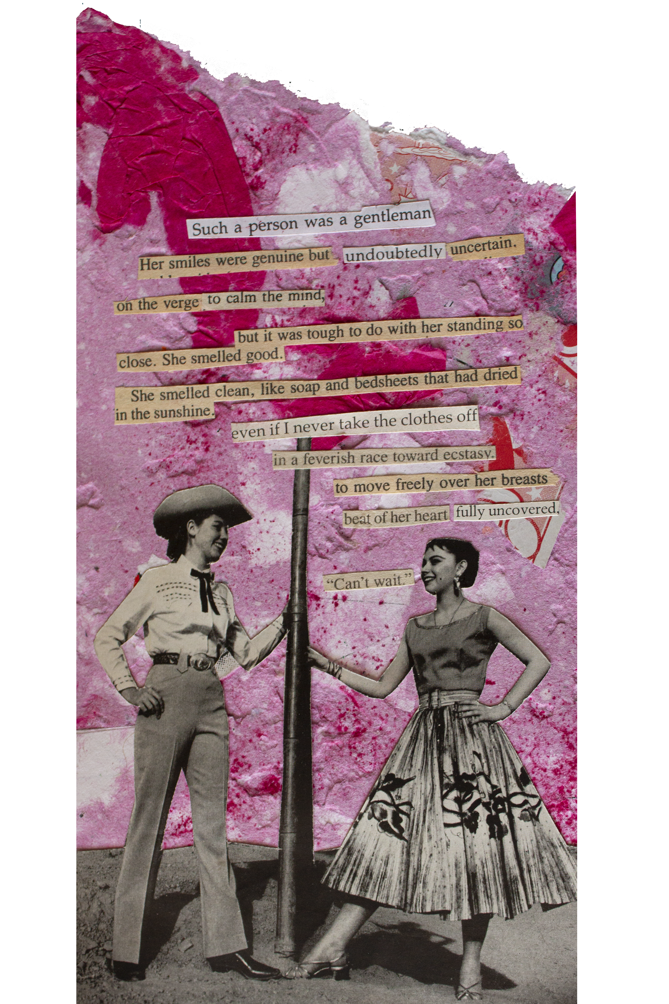 A collage artwork with black and white photos of two women in vintage clothing, standing beside a streetlamp, set against a textured pink background with torn paper and text snippets. The women are smiling and appear to be in a playful, nostalgic sce