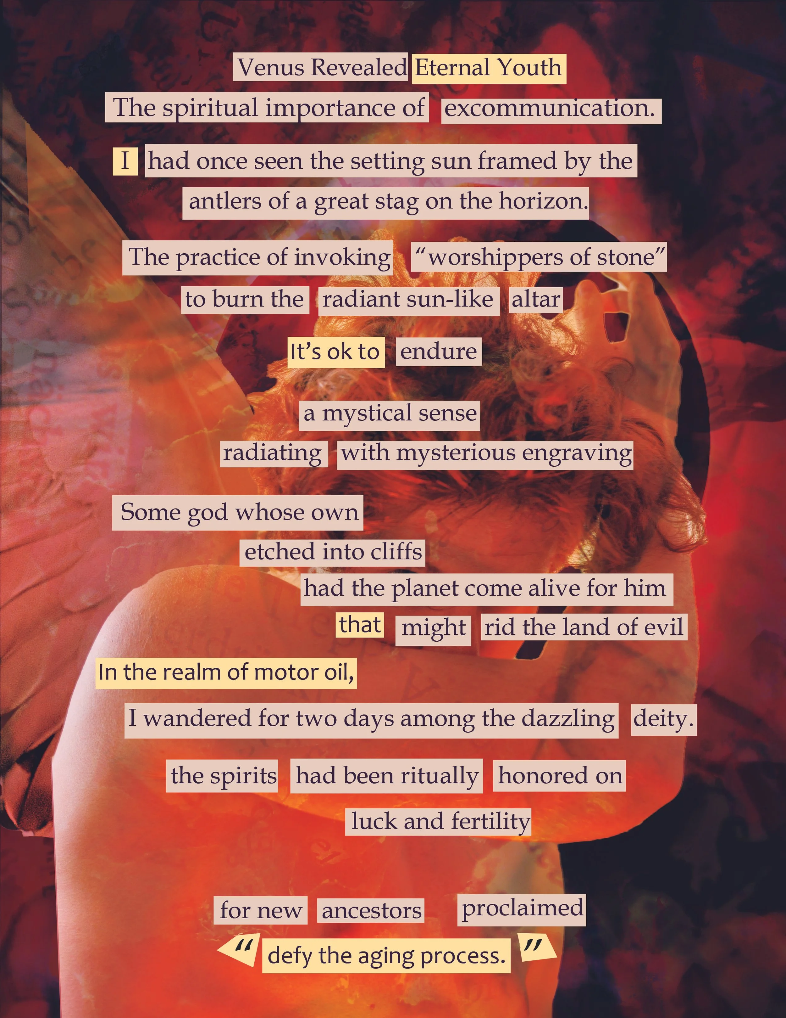 A poetic text overlay on an abstract background with shades of red, orange, and dark hues, featuring a fiery, glowing face or figure. The text discusses themes of Venus, youth, excommunication, mystical experiences, divine spirits, and anti-aging.