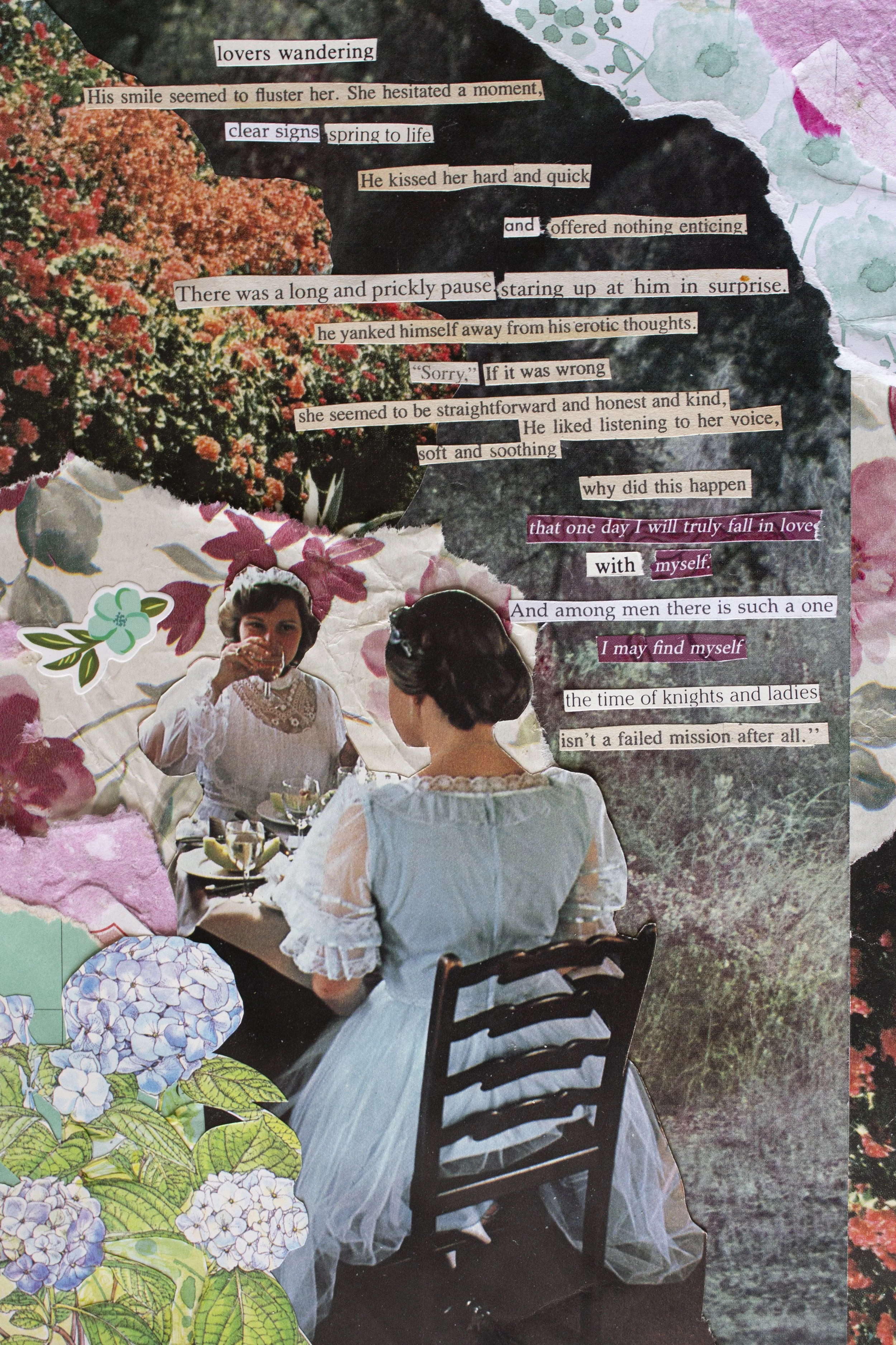 A collage featuring a woman and a girl sitting at a table outdoors, surrounded by floral and nature-themed paper cutouts, with poem snippets overlaid.