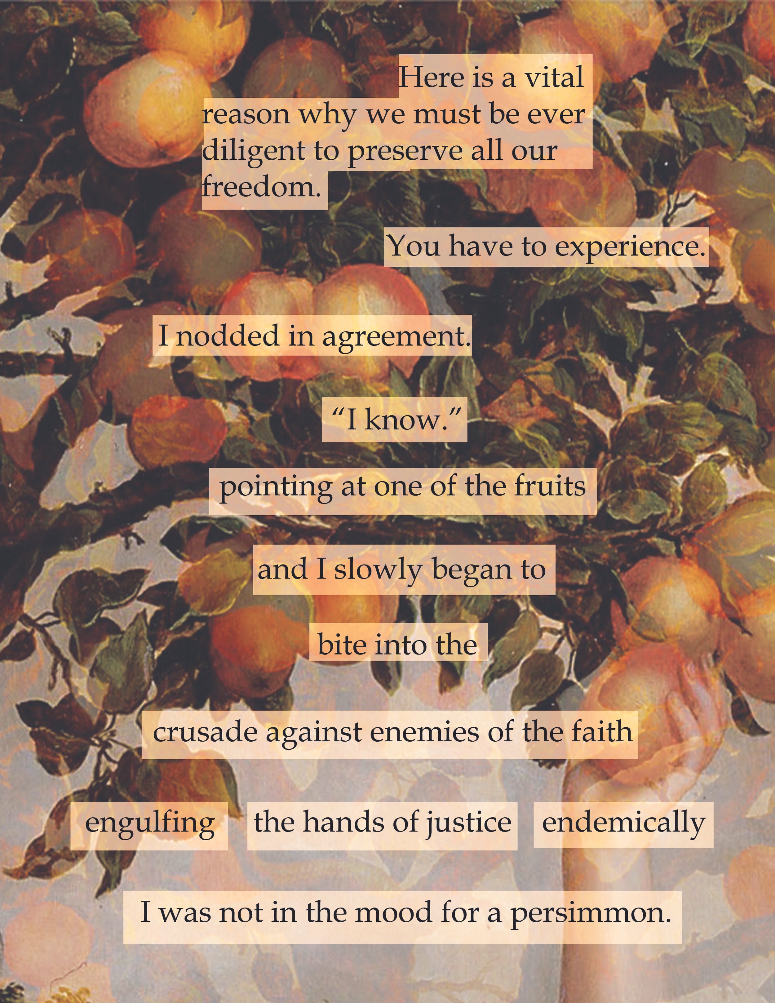Poem over a background of ripening peaches on a tree.