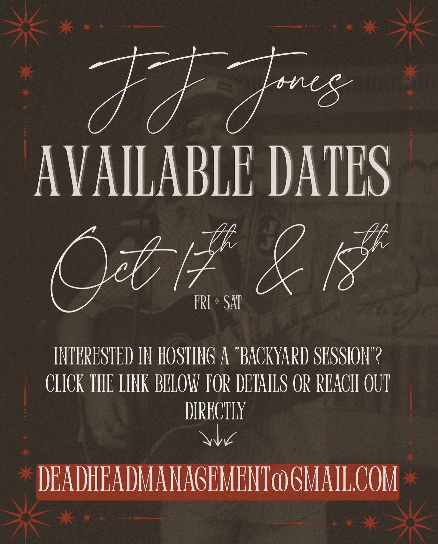 Hey y&rsquo;all &mdash; I&rsquo;ve got a rare open weekend, Oct 17&ndash;18, and I&rsquo;d love to come play some music for ya! 🎵

Could be a venue, brewery, private event, or your own backyard &mdash; if you&rsquo;ve got folks who love live music, 