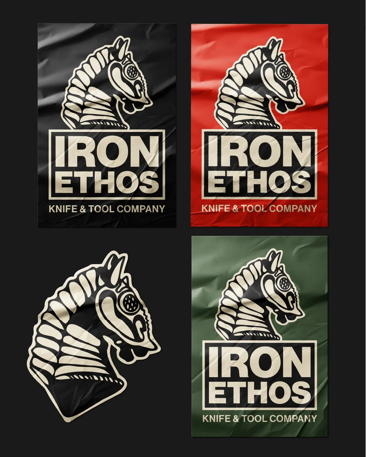 Four package advertisements for Iron Ethos, a knife and tool company, with logos displaying a stylized knight chess piece skull, in black and white, red, black, and green backgrounds.