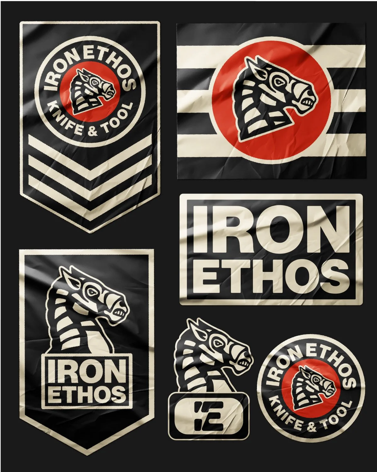 Collection of ironethos brand stickers featuring a zebra head logo, some with red circles, black and beige color schemes, and text 'IRON ETHOS' and 'KNIFE & TOOL'.