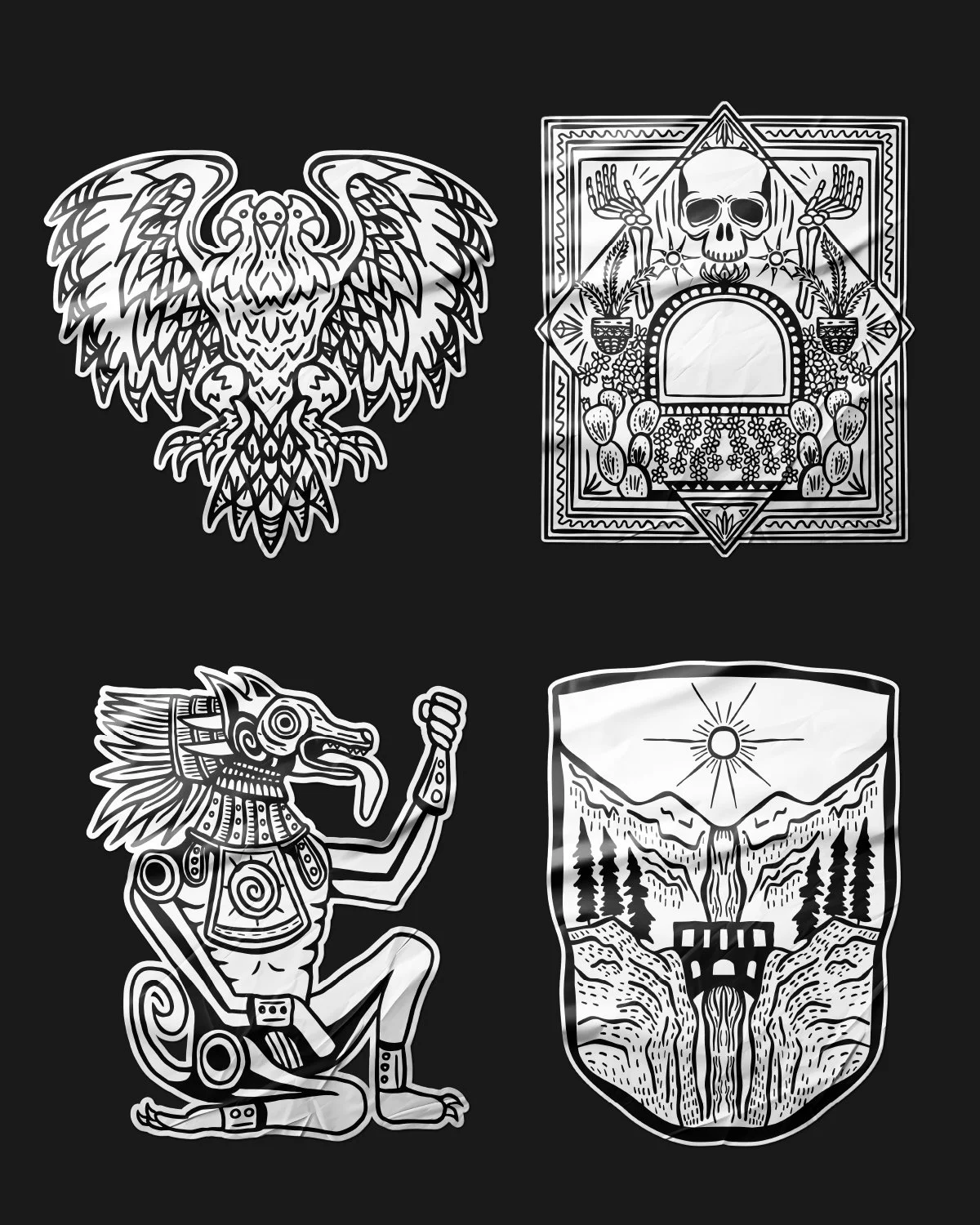 Set of four white tattoo-style illustrations on black background, including an eagle with outstretched wings, a skull with plants and flowers, a humanoid figure with a bird skull mask holding a spear, and a landscape with river, trees, mountains, and