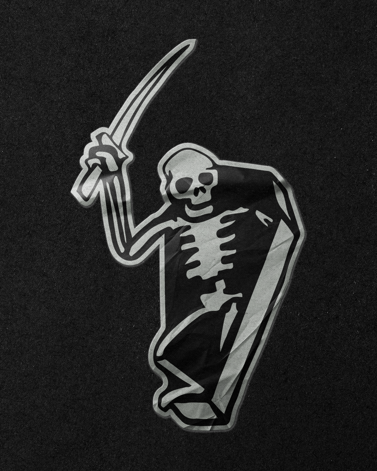 A skeleton with a large skull holding a sword in one hand and making a peace sign with the other, standing in front of a dark textured background.