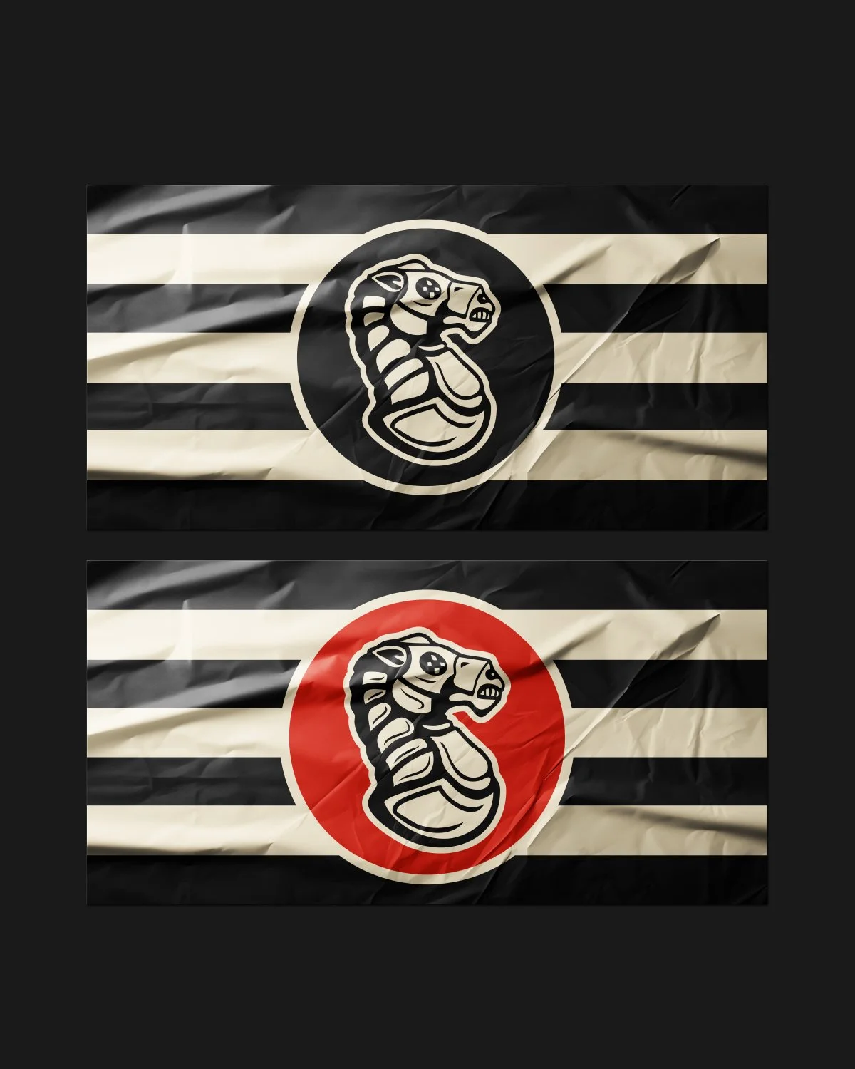 Two crumpled flag designs with a cobra logo in the center, one with a black and cream color scheme and the other with a black, cream, and red color scheme.