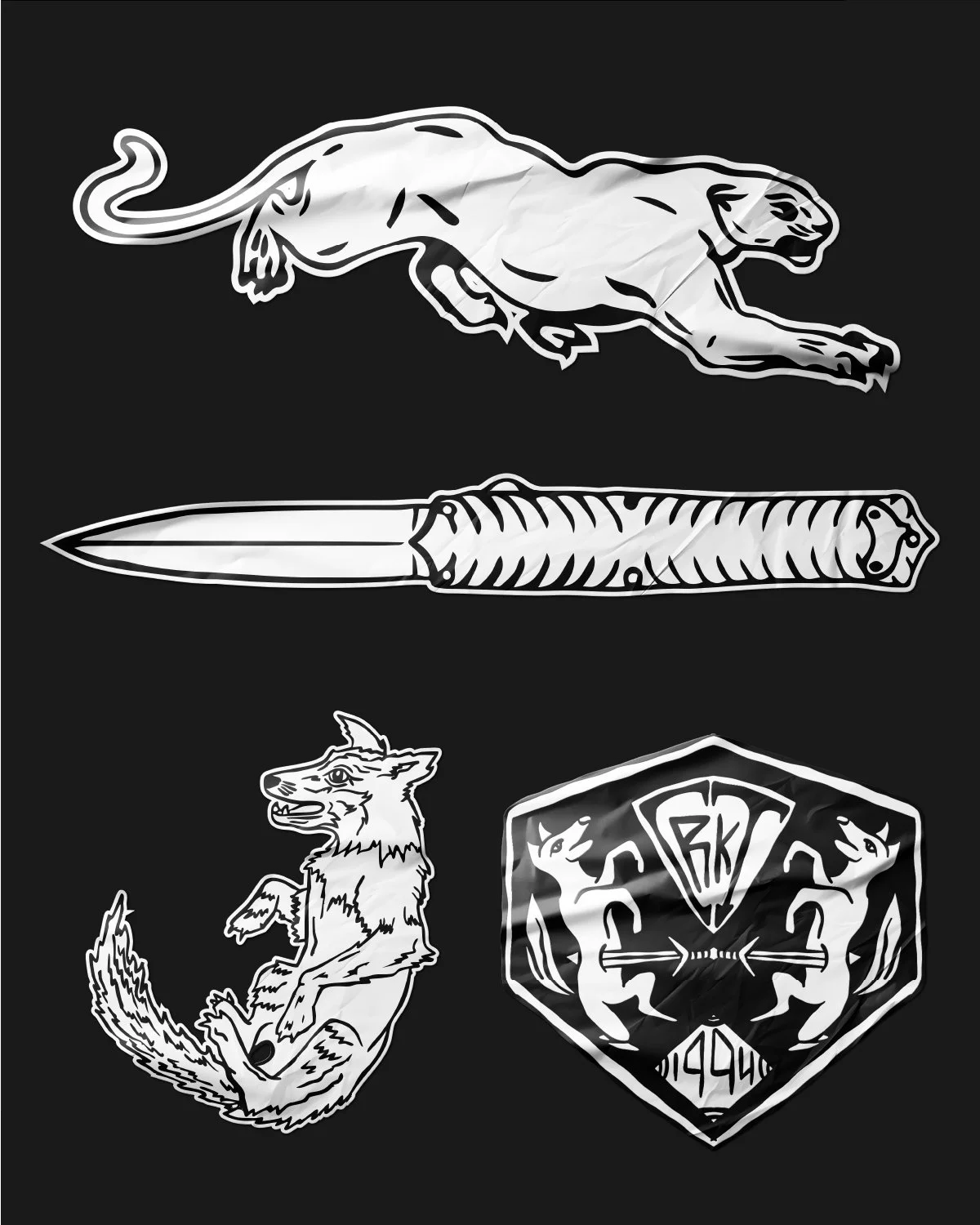 Black background with four white outlined military or tactical insignia logos. Top logo is a leaping big cat, middle is a knife, bottom left is a stylized fox, bottom right is a shield with two lions and a banner with the year 1946.
