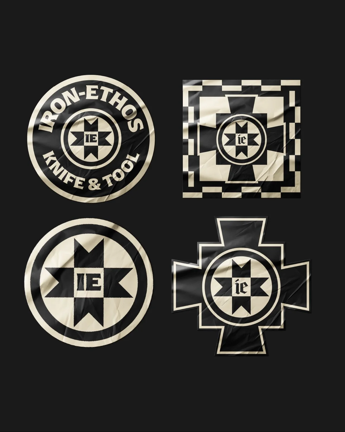 Set of four black-and-white stickers with circular and square designs, featuring text 'IRON-ETHOS KNIFE & TOOL' and the letters 'IE' in the center.