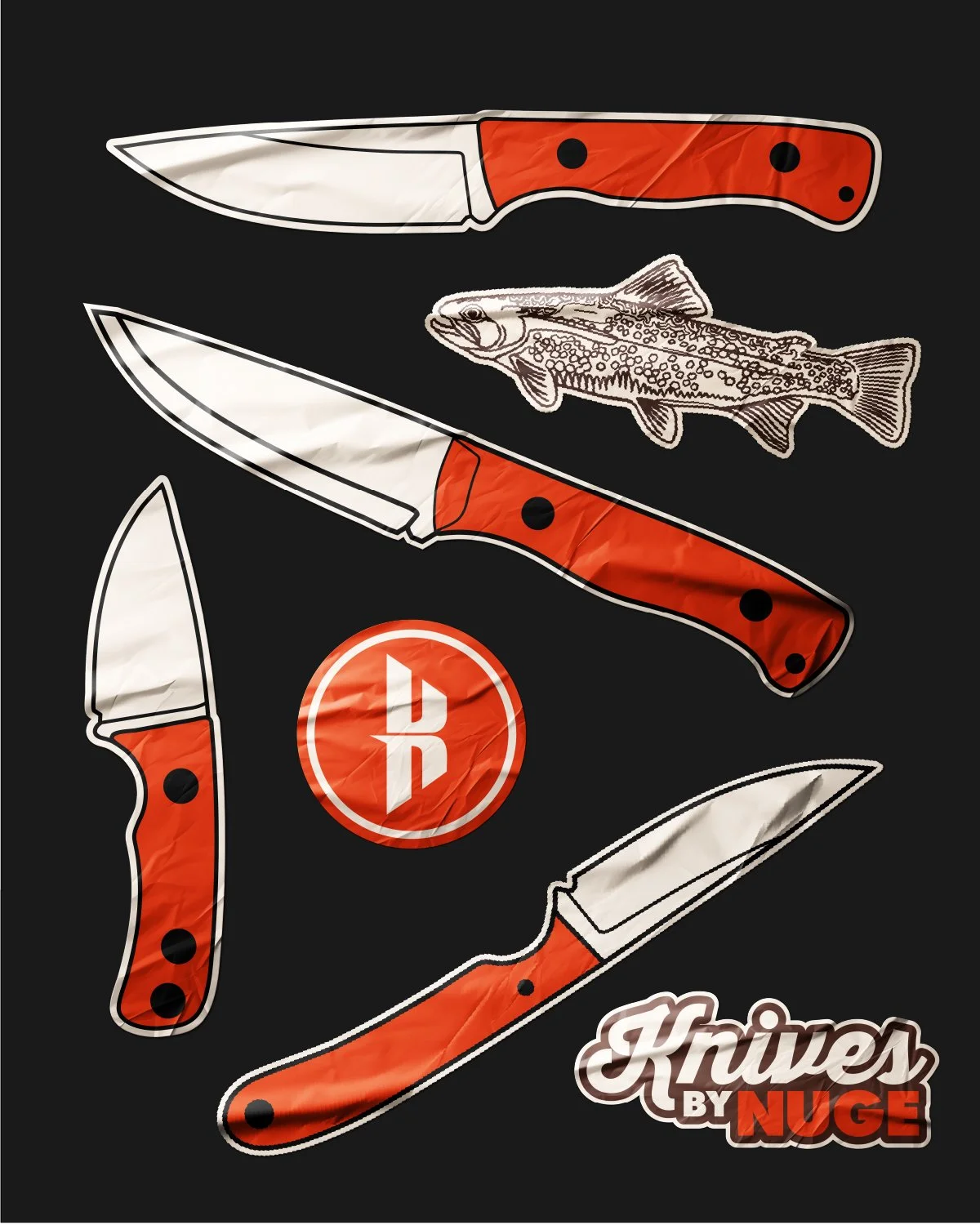 Illustration of three orange-handled folding knives, a fish drawing, and a NugeKnives logo on a black background.
