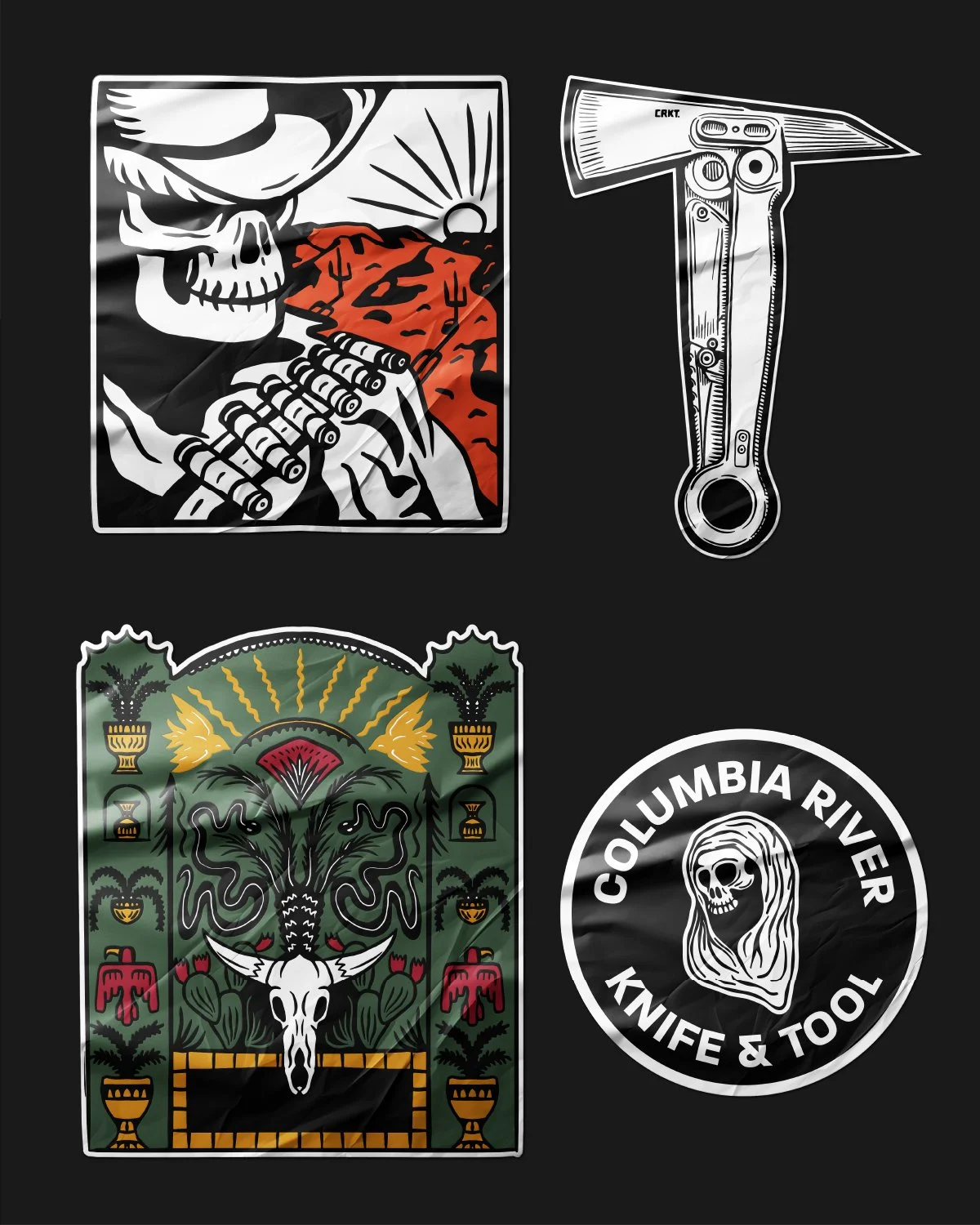 Collection of four tattoos or stickers: a skeleton praying with a desert background, a straight razor, a colorful serpent skull with plants and sun rays, and a circular logo of Columbia River Knife & Tool with a skull wrapped in a hood.