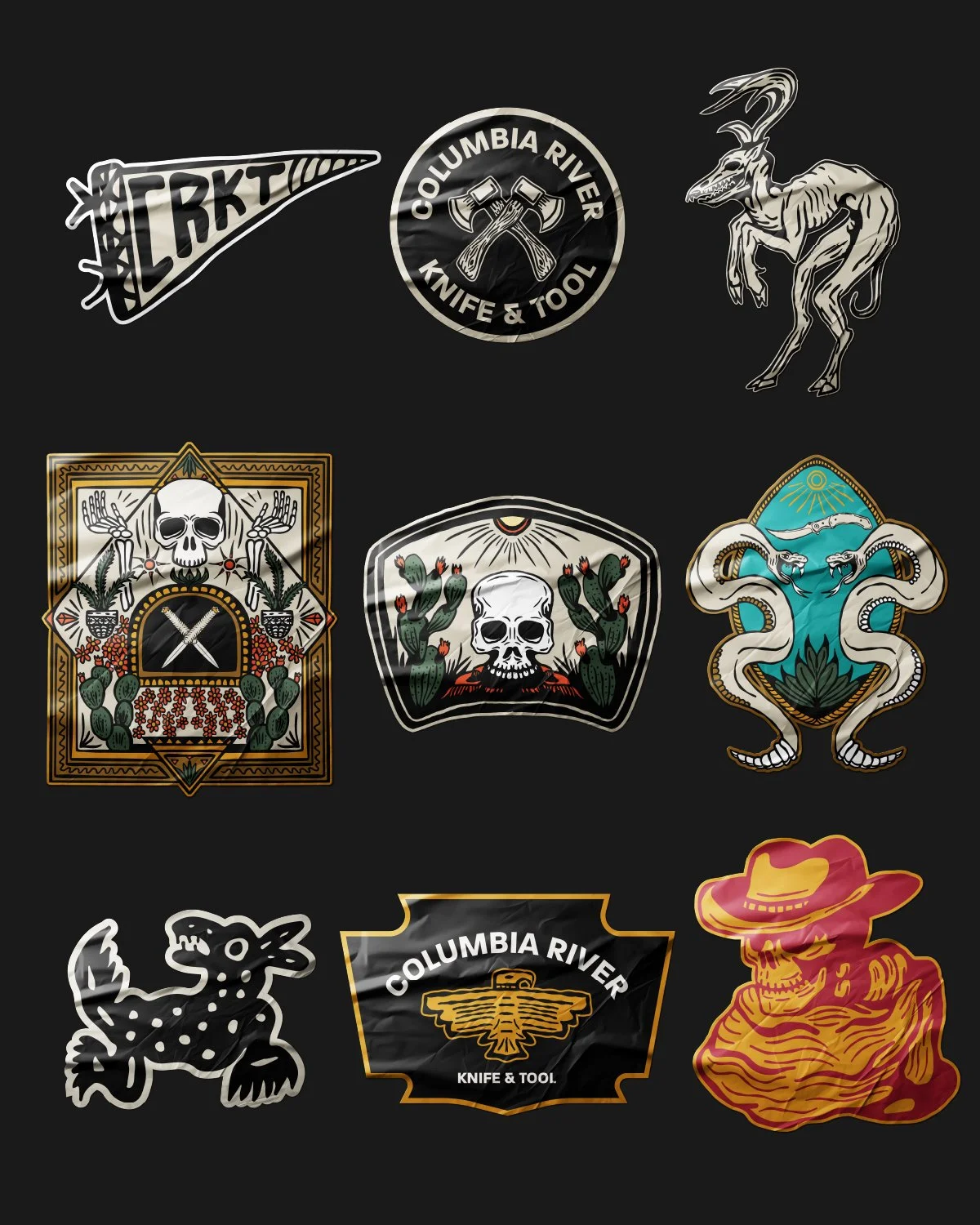 Collection of nine stickers featuring various designs including skulls, animals, and tools, with logos and artwork on a black background.
