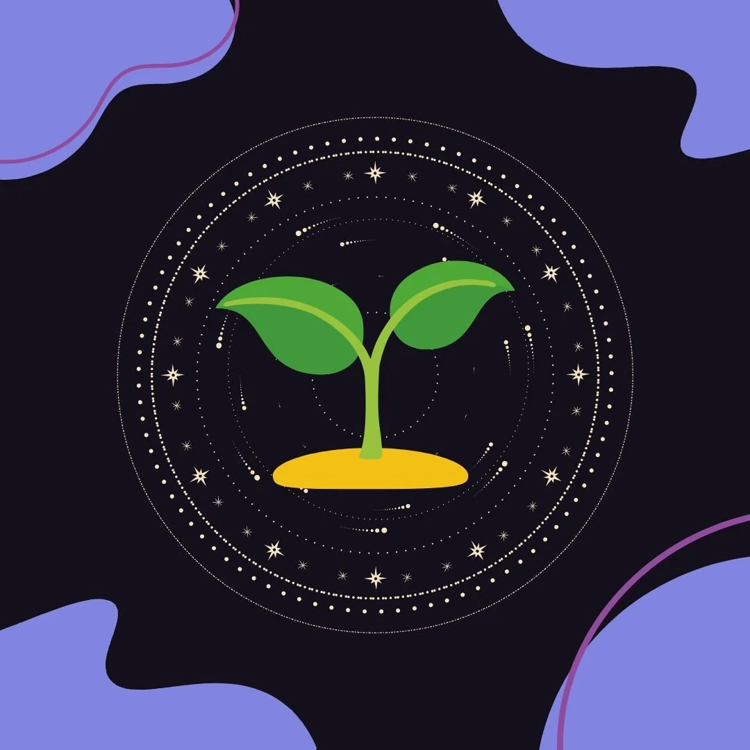 A digital illustration of a young green plant with two leaves emerging from a yellow mound of soil, surrounded by circles and star-like patterns on a dark background with purple and blue abstract shapes.