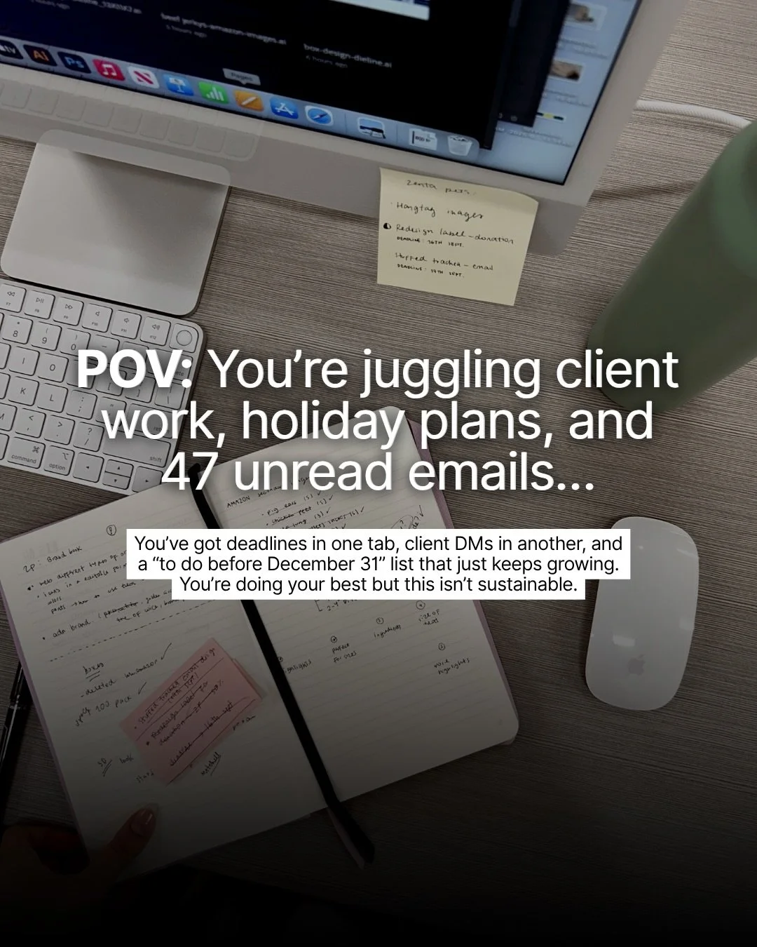 You&rsquo;re not failing.
You&rsquo;re just trying to carry a whole business on your own in the middle of the busiest time of year.

The calendar&rsquo;s packed.
Your inbox won&rsquo;t quit.
And Q1 planning? Still sitting on that &ldquo;I&rsquo;ll ge