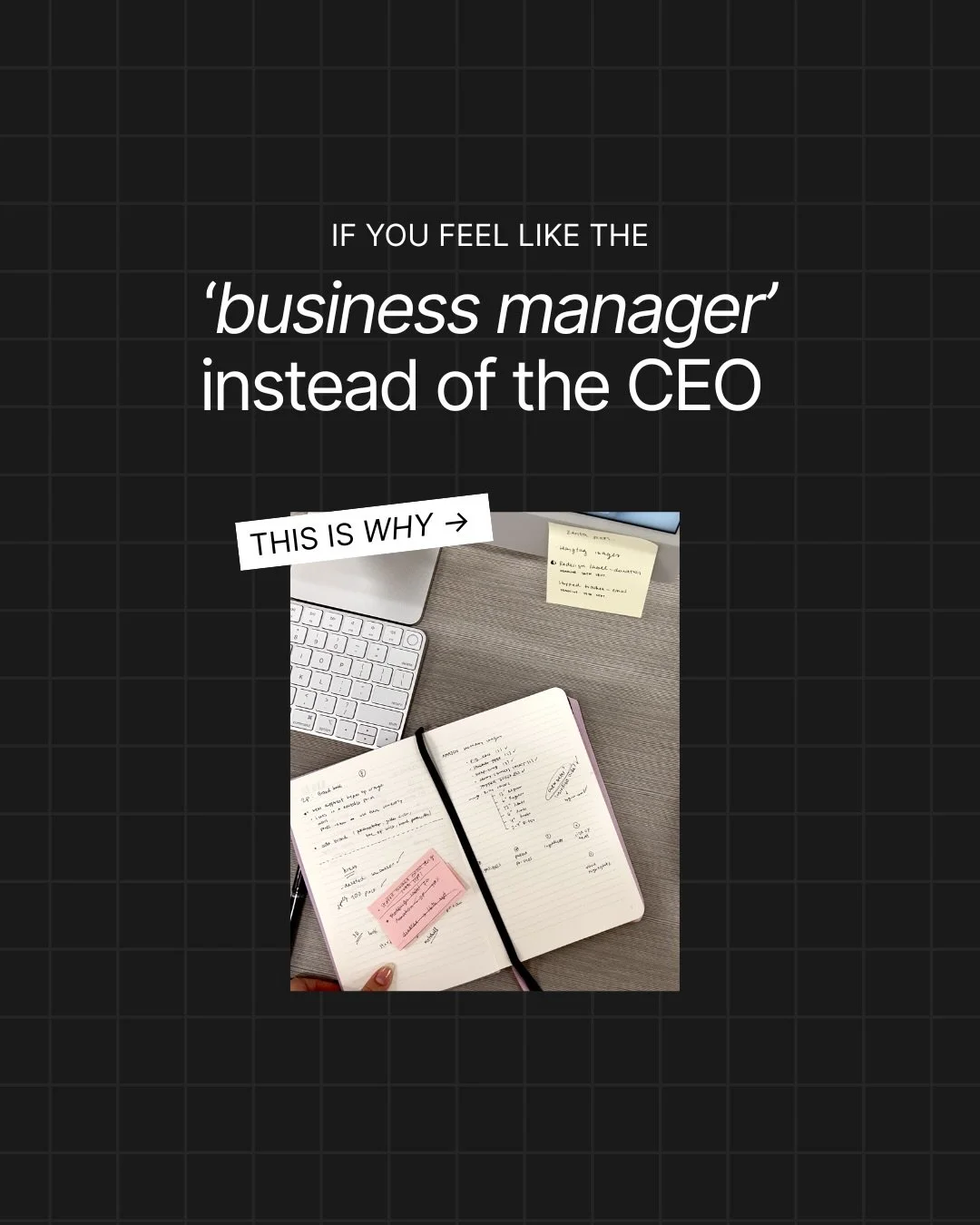 Hot take: If your &ldquo;CEO days&rdquo; are spent writing SOPs and chasing timelines, 
You&rsquo;re not the CEO - you&rsquo;re the project manager.

And that&rsquo;s not why you started this business.

Truth is, the longer you wear all the hats, the
