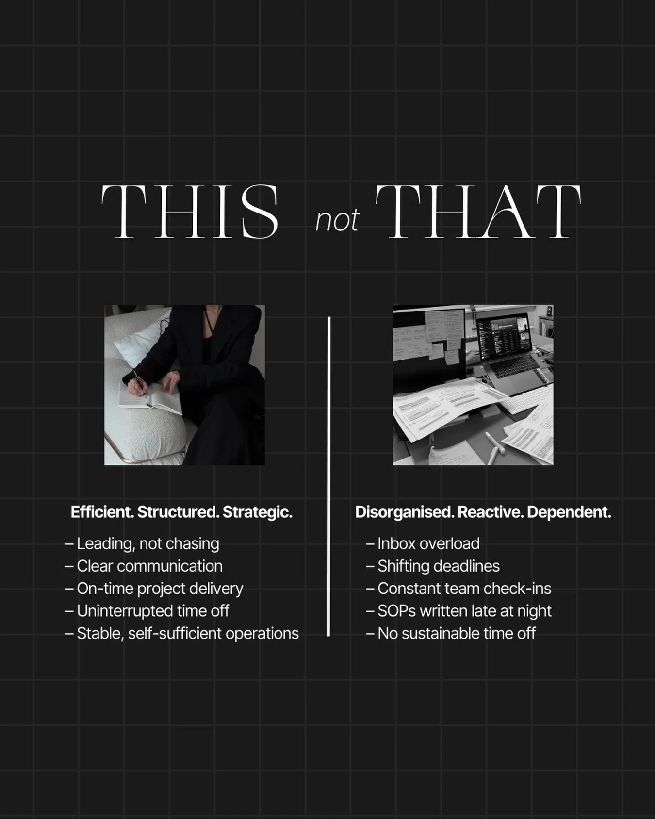 You don&rsquo;t need a &ldquo;tidier&rdquo; version of what&rsquo;s already burning you out.

You need a new way of running your business.

Because if everything still depends on your brain, your login, your decision - it&rsquo;s not sustainable (no 